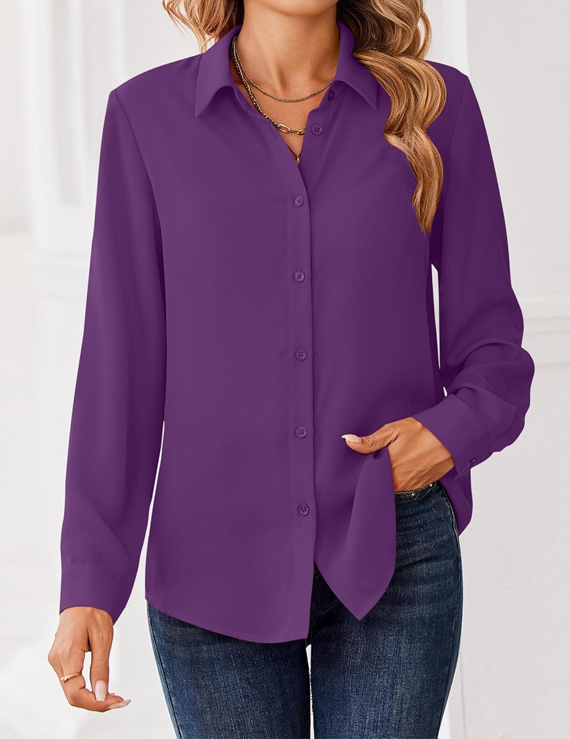 image:imageZeagoo Women Blouses Chiffon Long Sleeve Button Down Shirts Business TopsPurple