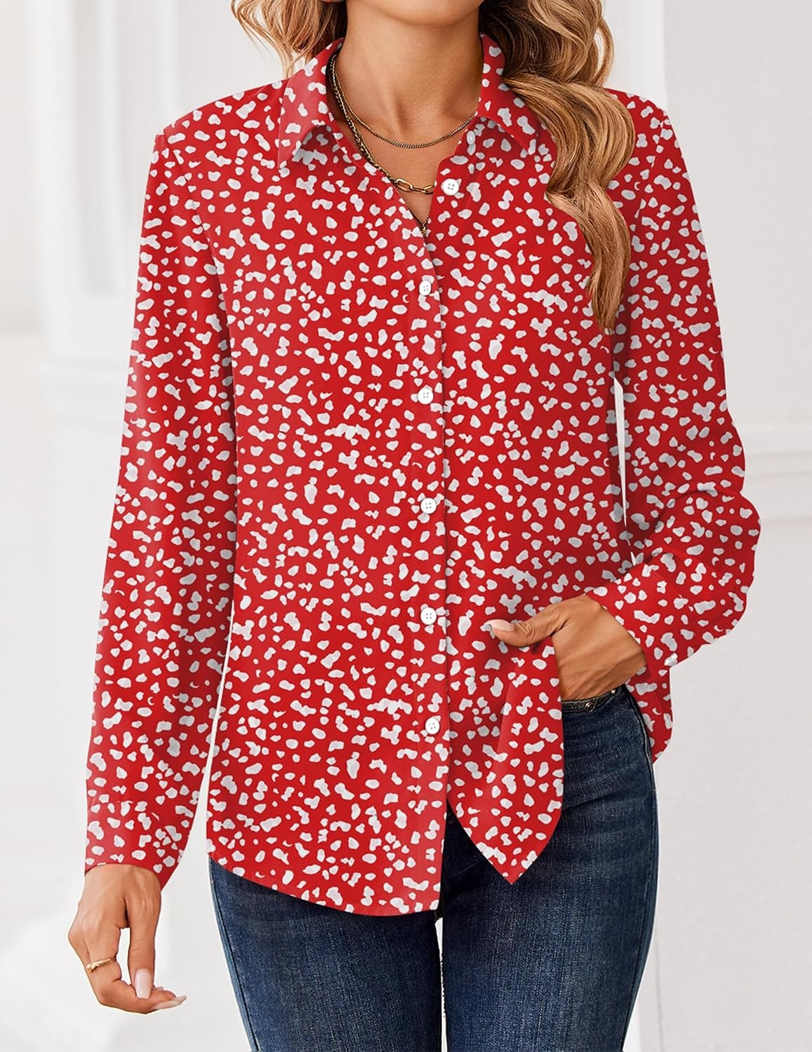 image:imageZeagoo Women Blouses Chiffon Long Sleeve Button Down Shirts Business TopsRed White Polka Dots
