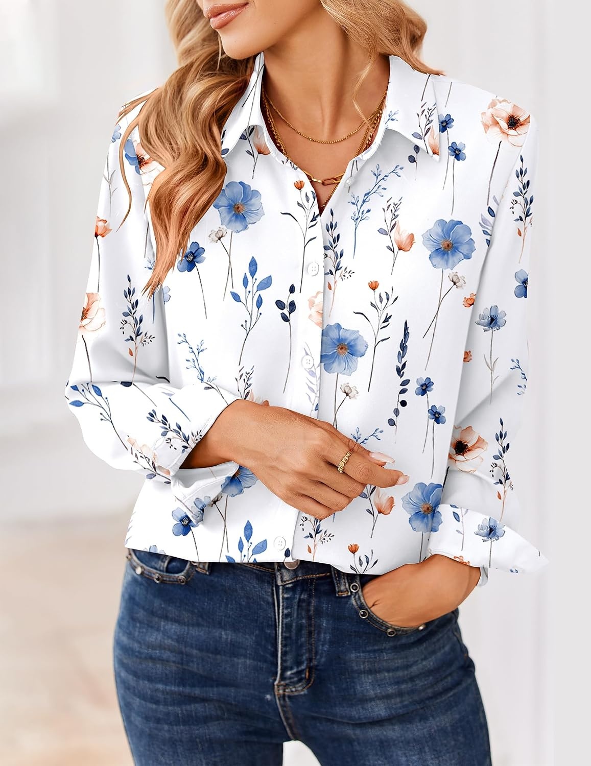 image:imageZeagoo Women Blouses Chiffon Long Sleeve Button Down Shirts Business TopsWhite Floral