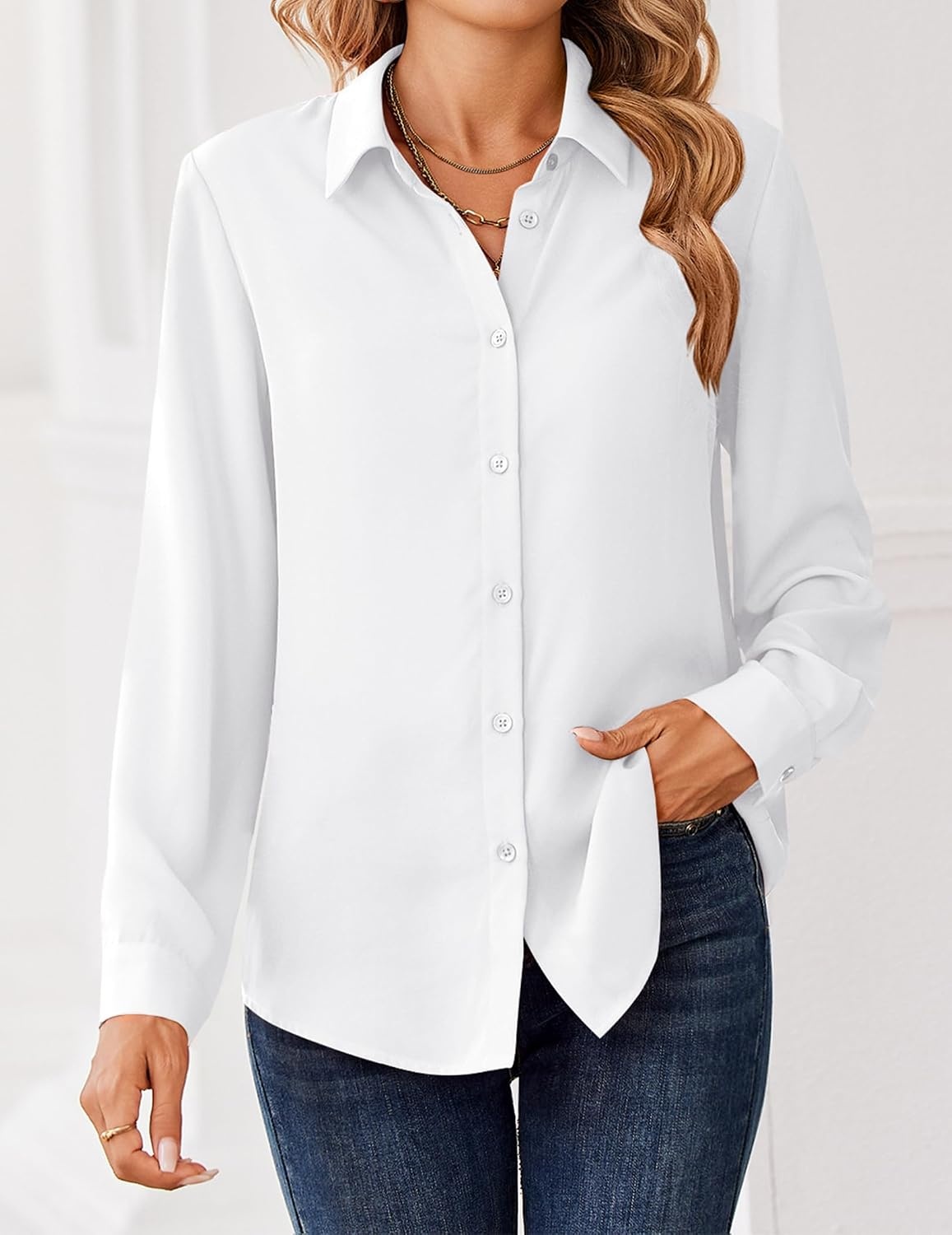 image:imageZeagoo Women Blouses Chiffon Long Sleeve Button Down Shirts Business TopsWhite Sheer