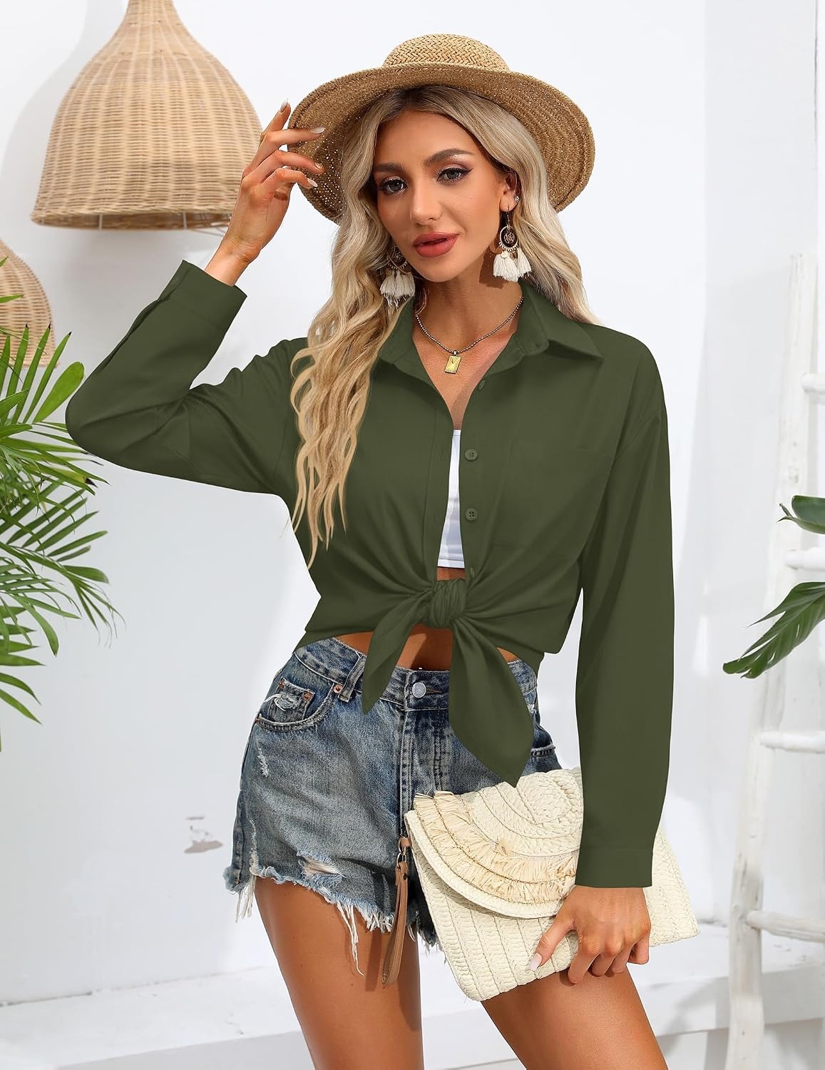 image:imageZeagoo Women Button Down Shirts Oversized Long Sleeve Blouses with PocketBarmy Green