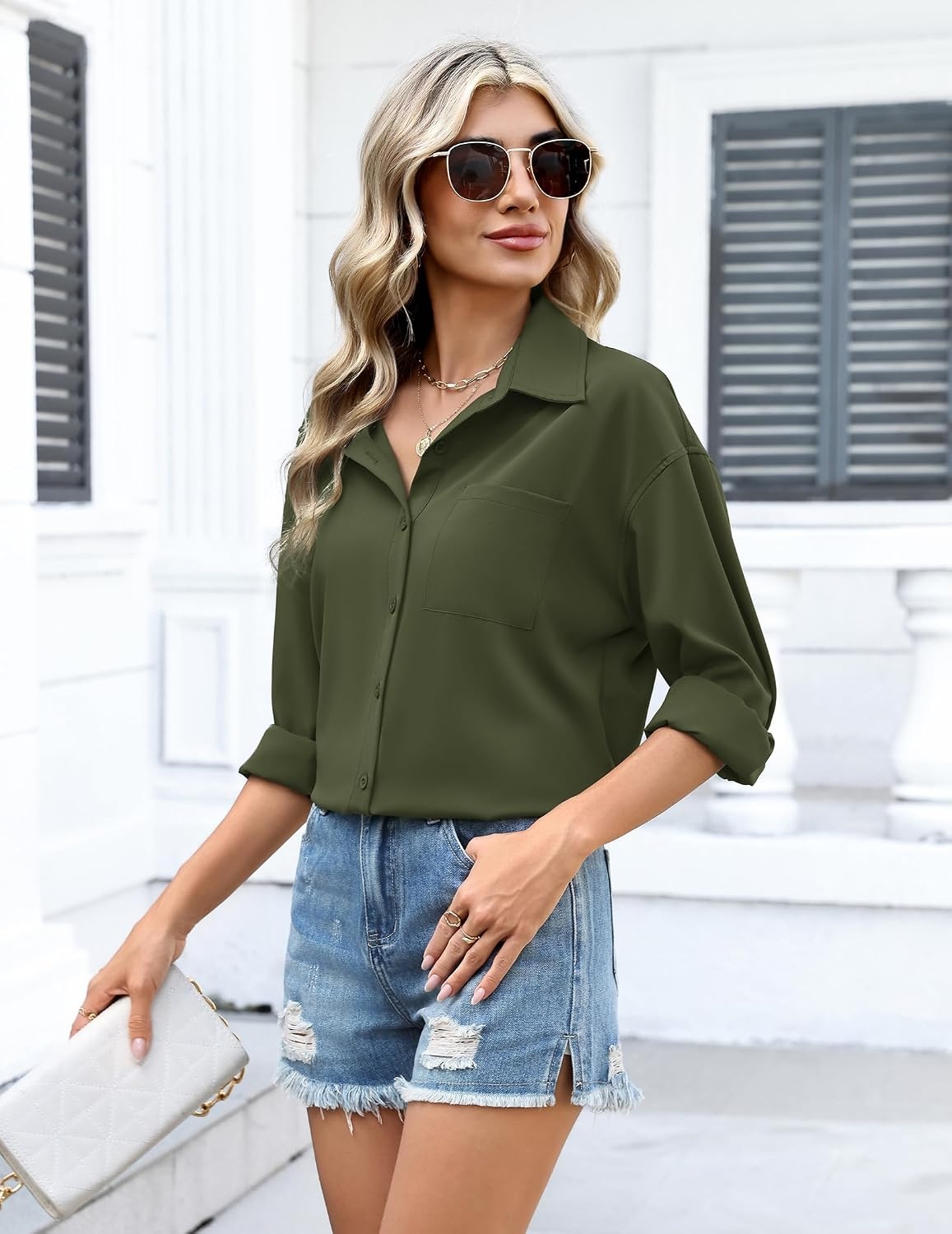 image:imageZeagoo Women Button Down Shirts Oversized Long Sleeve Blouses with PocketBarmy Green