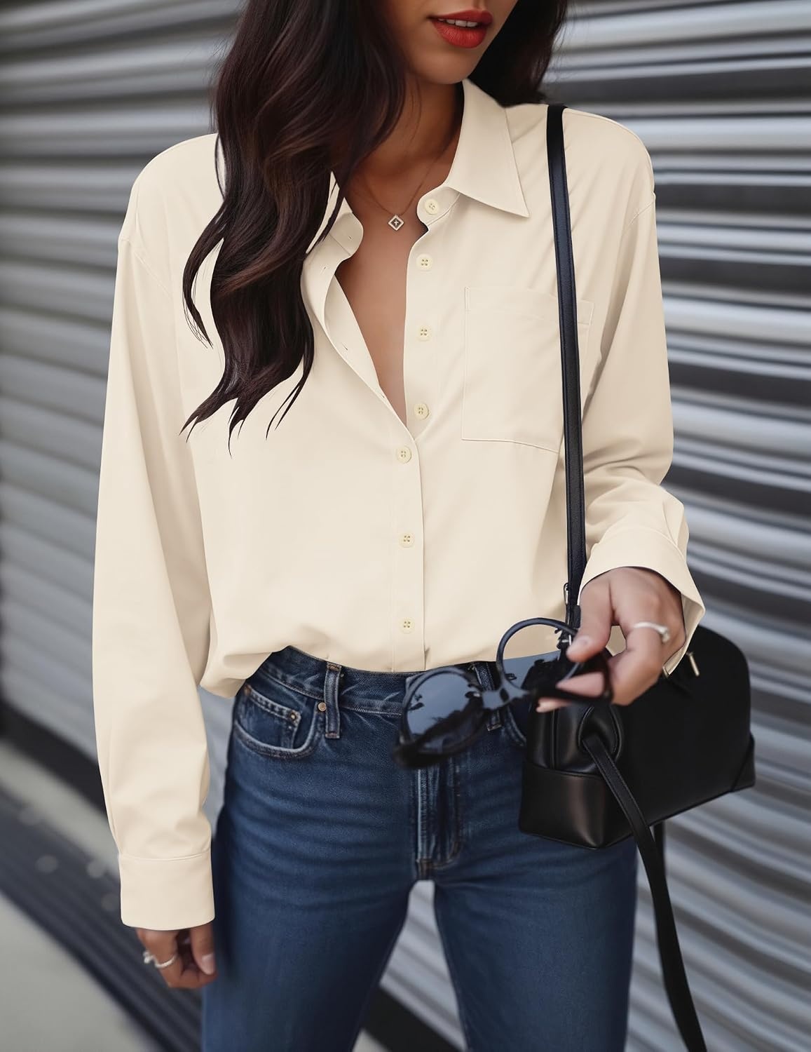 image:imageZeagoo Women Button Down Shirts Oversized Long Sleeve Blouses with PocketBbeige