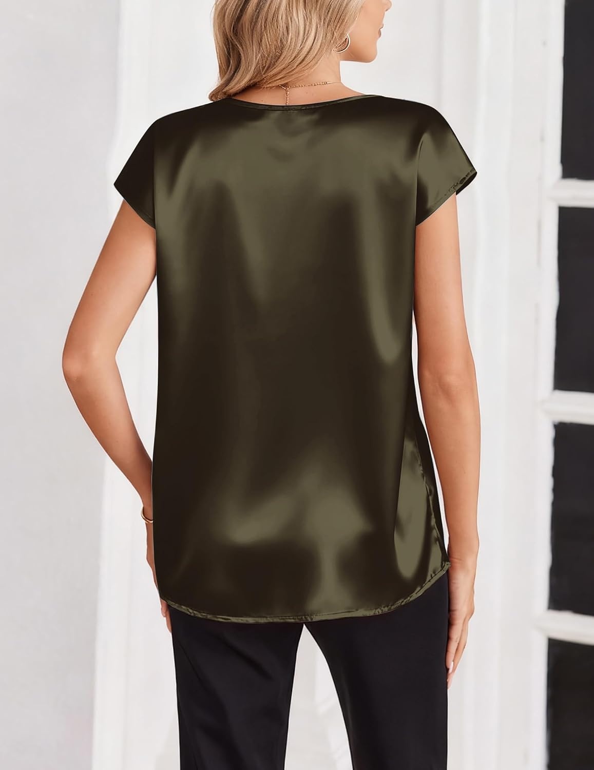 image:imageZeagoo Women Satin V Neck Blouse Cap Short Sleeve Business Casual Top S2XLArmy Green