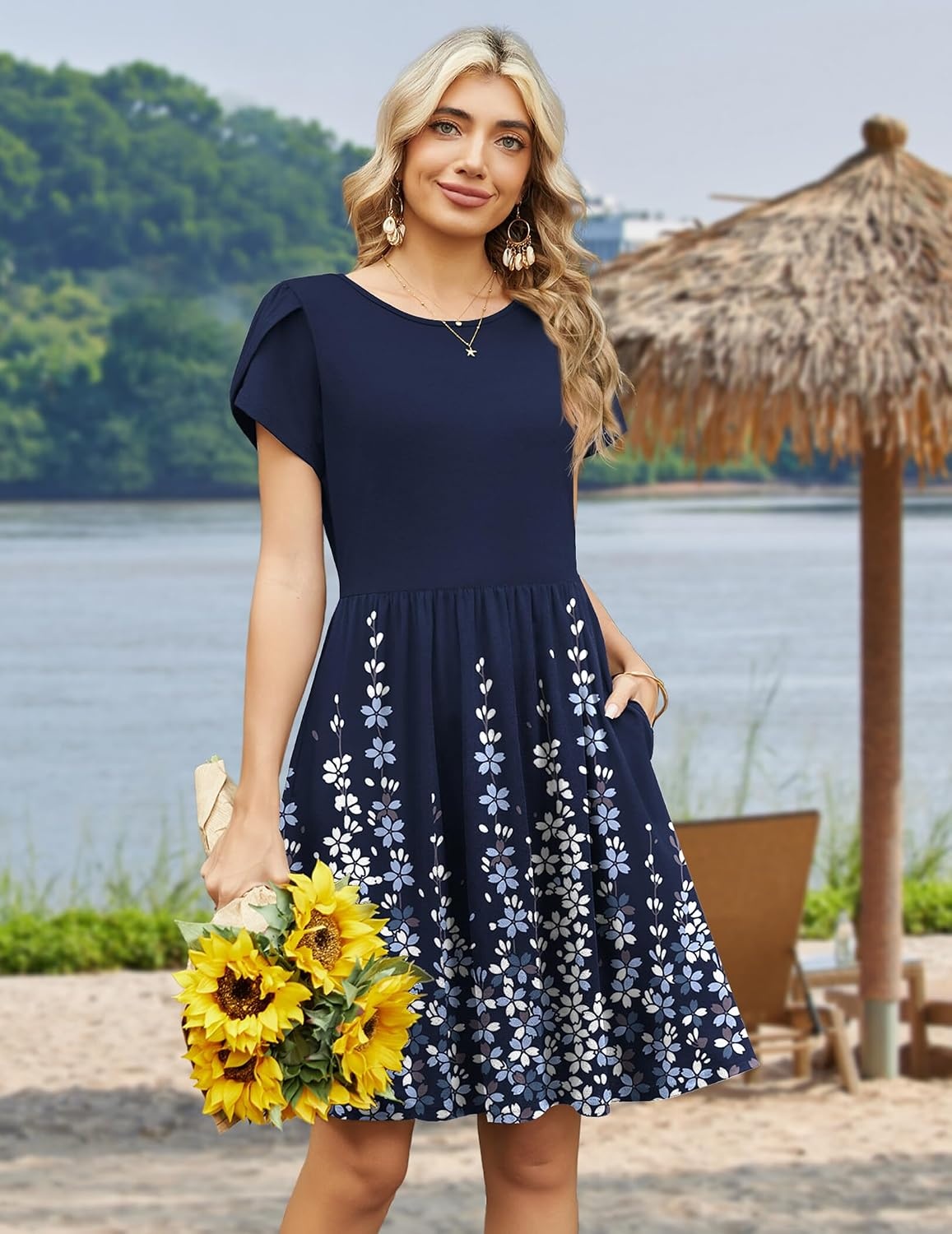 image:imageZeagoo Women Summer Dress 2026 Short Sleeve Aline Mini Dresses with Pockets Casual Swing Tshirt Dress Vocation Beach Sundress01navy Floral