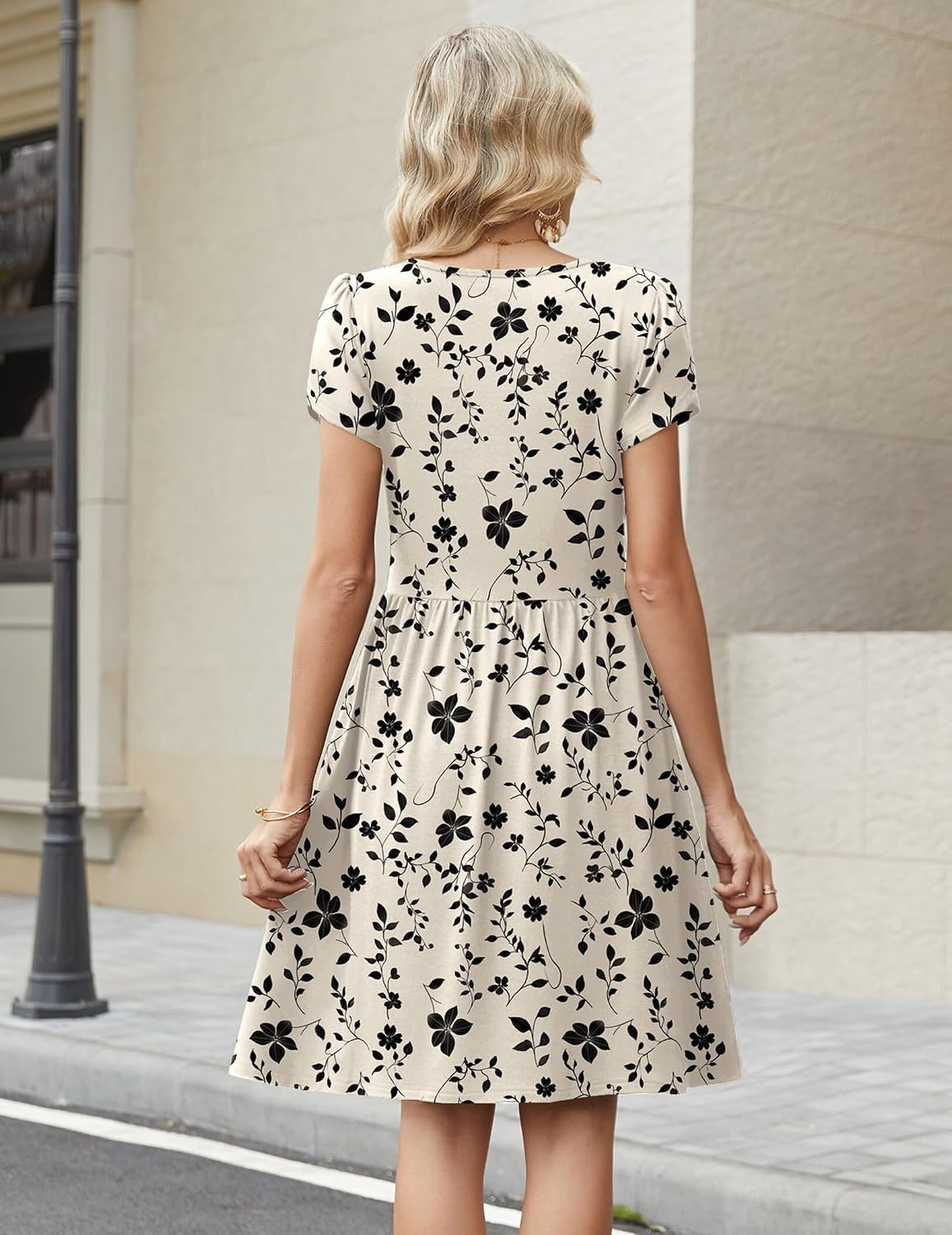 image:imageZeagoo Women Summer Dress 2026 Short Sleeve Aline Mini Dresses with Pockets Casual Swing Tshirt Dress Vocation Beach SundressBeige Print