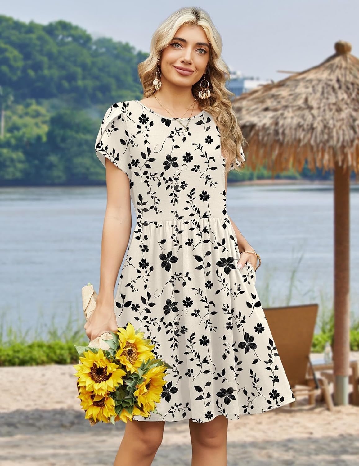 image:imageZeagoo Women Summer Dress 2026 Short Sleeve Aline Mini Dresses with Pockets Casual Swing Tshirt Dress Vocation Beach SundressBeige Print