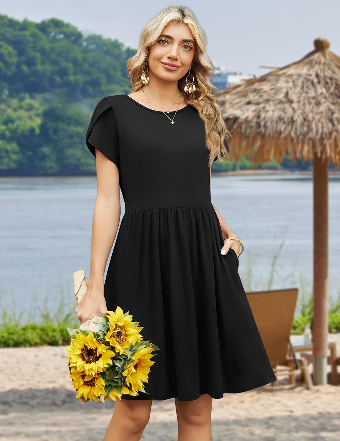 image:imageZeagoo Women Summer Dress 2026 Short Sleeve Aline Mini Dresses with Pockets Casual Swing Tshirt Dress Vocation Beach SundressBlack