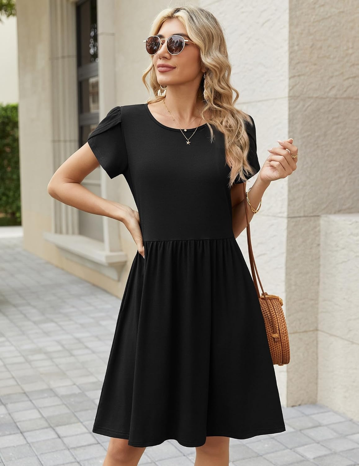 image:imageZeagoo Women Summer Dress 2026 Short Sleeve Aline Mini Dresses with Pockets Casual Swing Tshirt Dress Vocation Beach SundressBlack