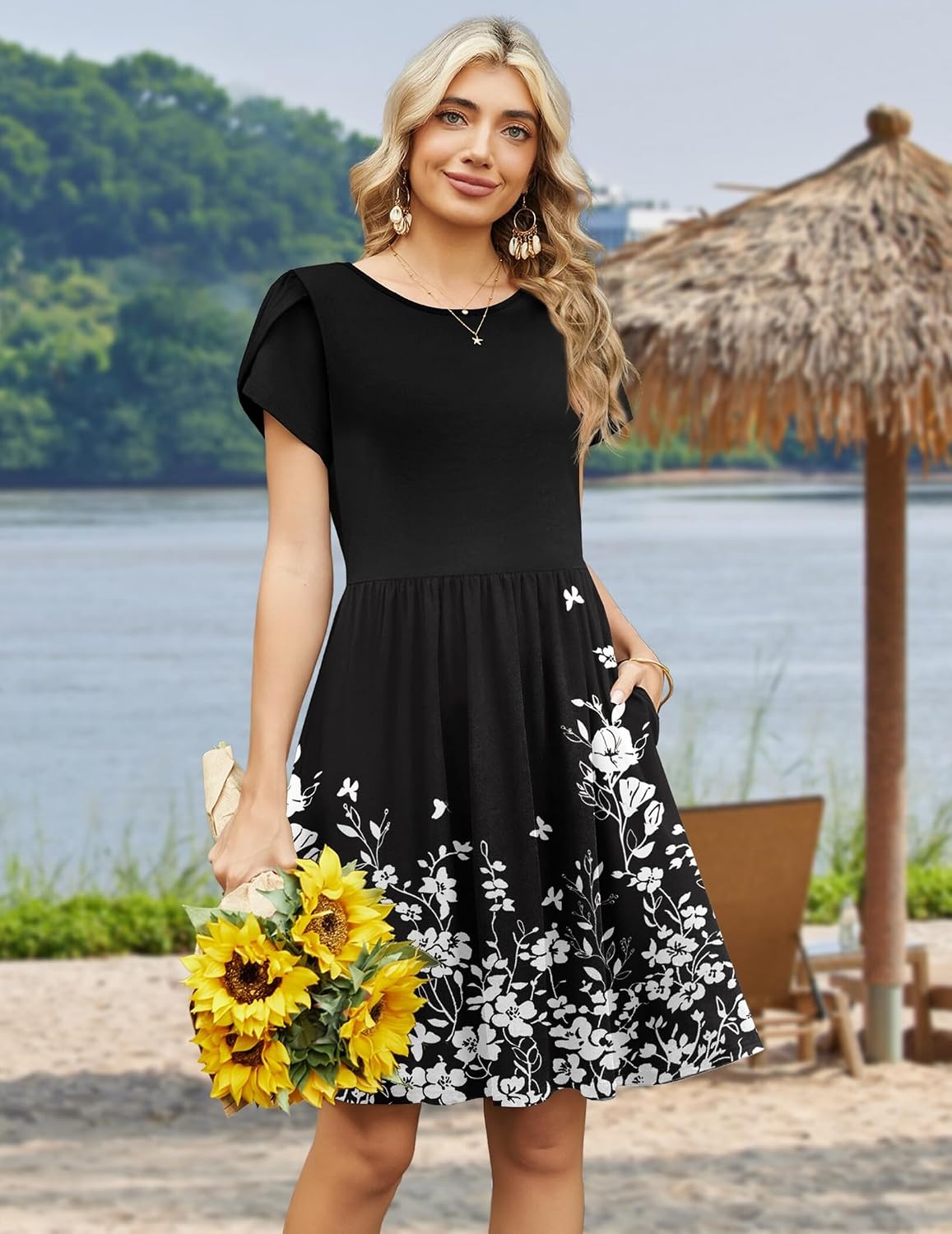 image:imageZeagoo Women Summer Dress 2026 Short Sleeve Aline Mini Dresses with Pockets Casual Swing Tshirt Dress Vocation Beach SundressBlack Floral