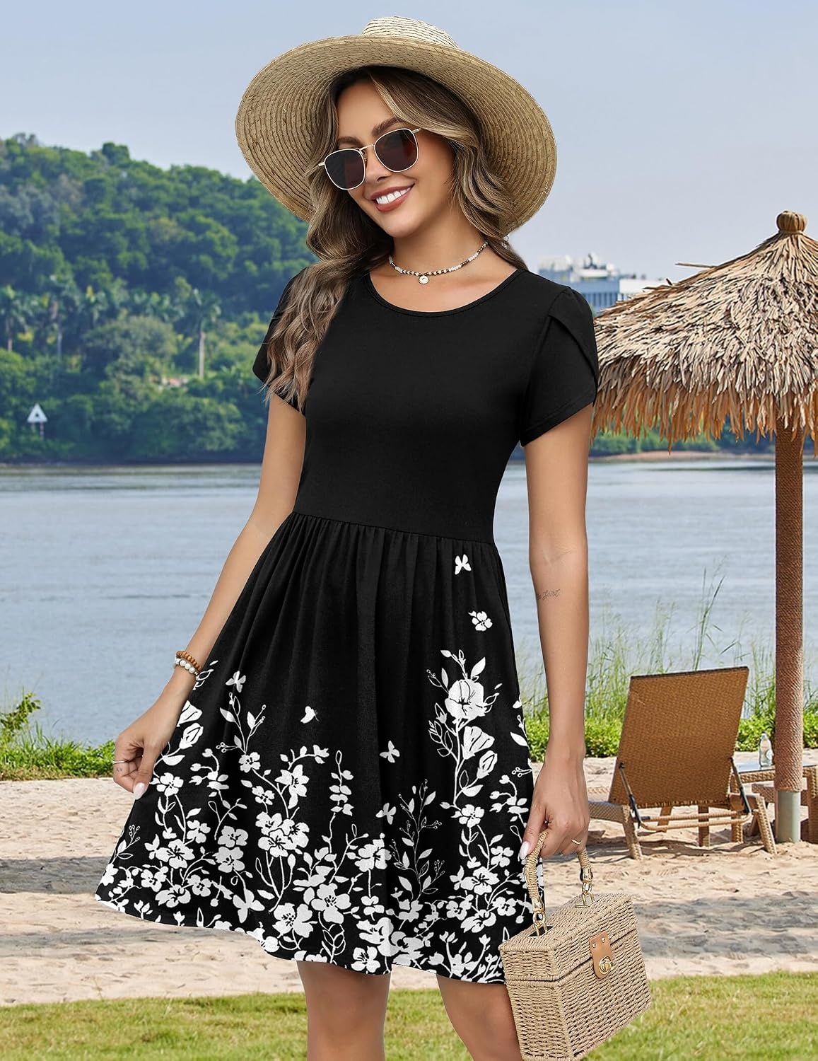 image:imageZeagoo Women Summer Dress 2026 Short Sleeve Aline Mini Dresses with Pockets Casual Swing Tshirt Dress Vocation Beach SundressBlack Floral