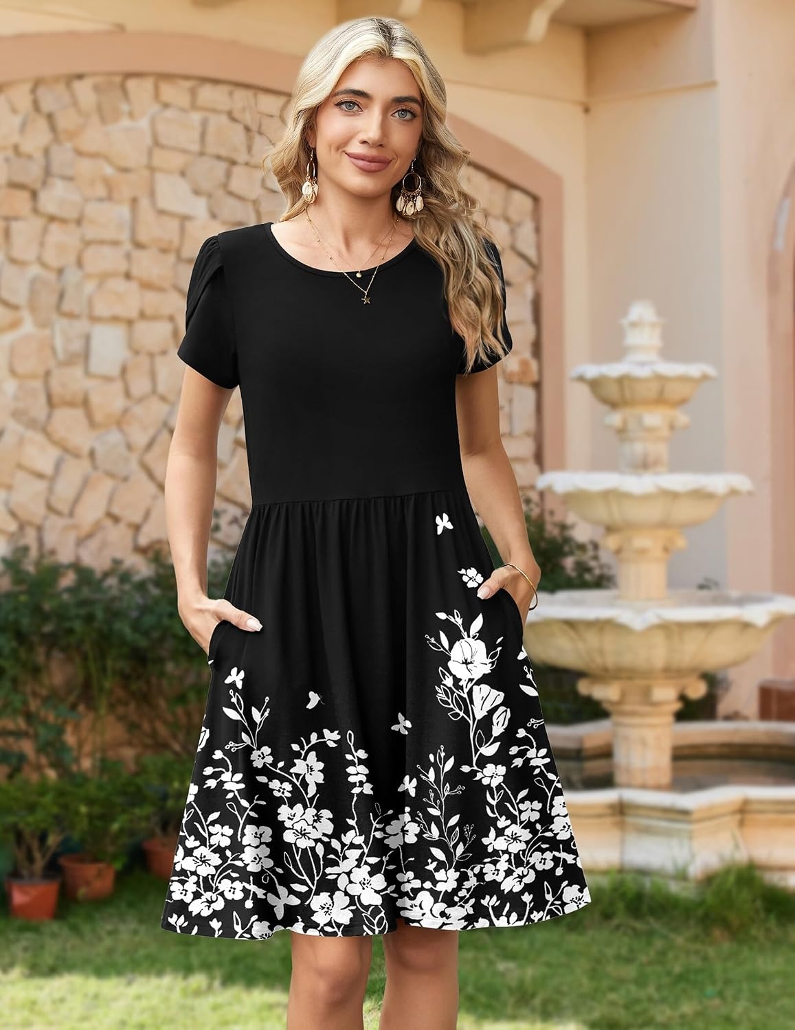 image:imageZeagoo Women Summer Dress 2026 Short Sleeve Aline Mini Dresses with Pockets Casual Swing Tshirt Dress Vocation Beach SundressBlack Floral