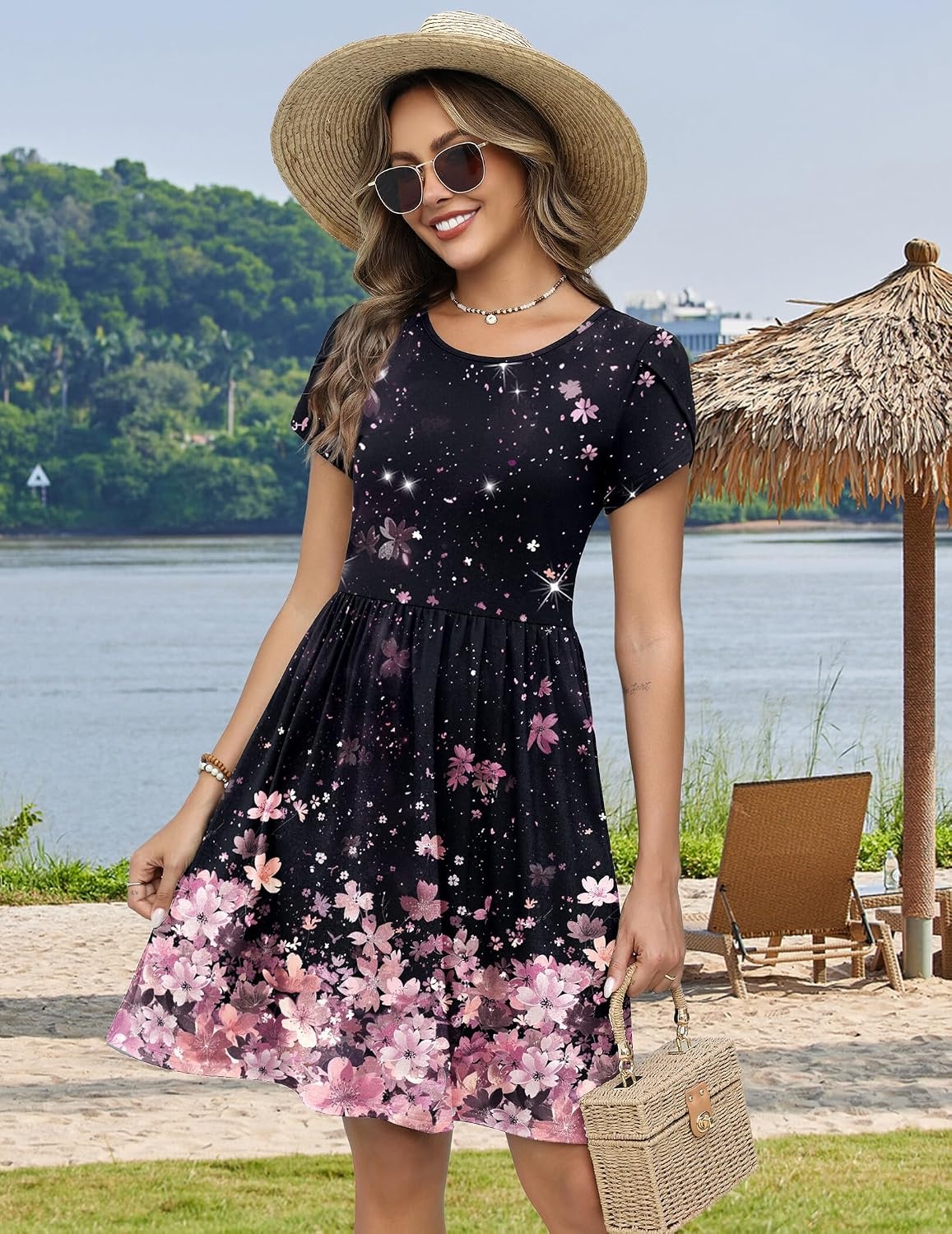 image:imageZeagoo Women Summer Dress 2026 Short Sleeve Aline Mini Dresses with Pockets Casual Swing Tshirt Dress Vocation Beach SundressBlack Pink Floral