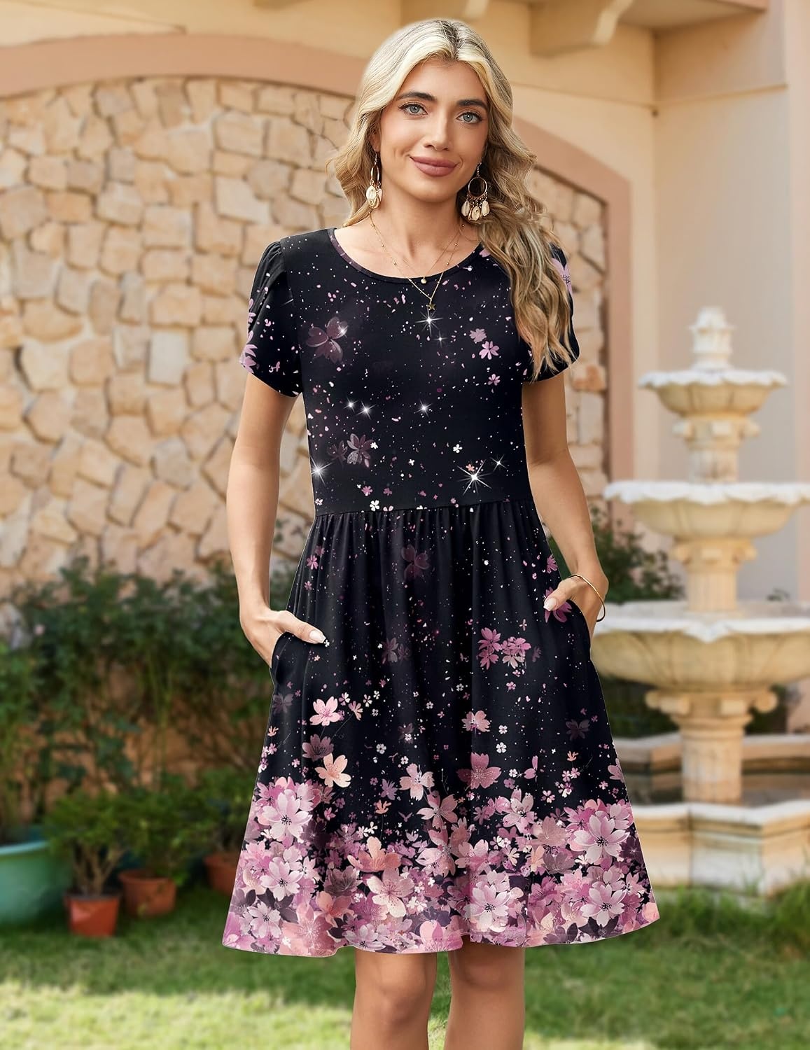 image:imageZeagoo Women Summer Dress 2026 Short Sleeve Aline Mini Dresses with Pockets Casual Swing Tshirt Dress Vocation Beach SundressBlack Pink Floral
