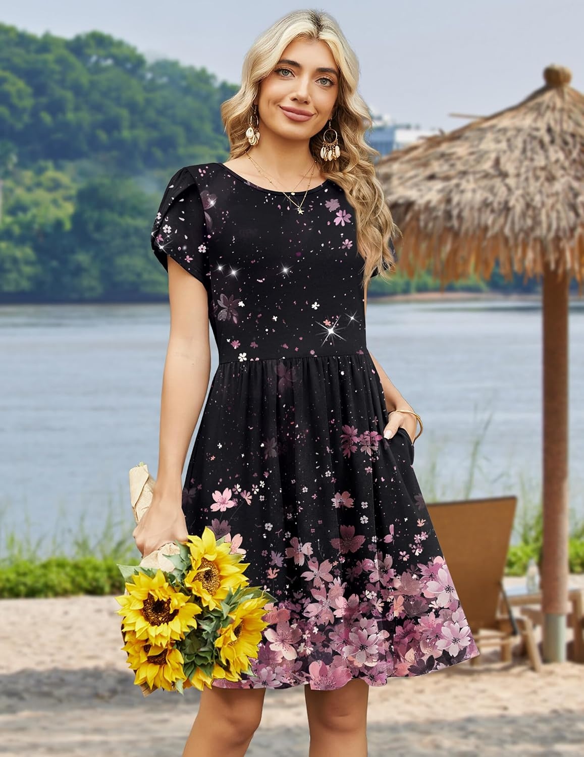 image:imageZeagoo Women Summer Dress 2026 Short Sleeve Aline Mini Dresses with Pockets Casual Swing Tshirt Dress Vocation Beach SundressBlack Pink Floral