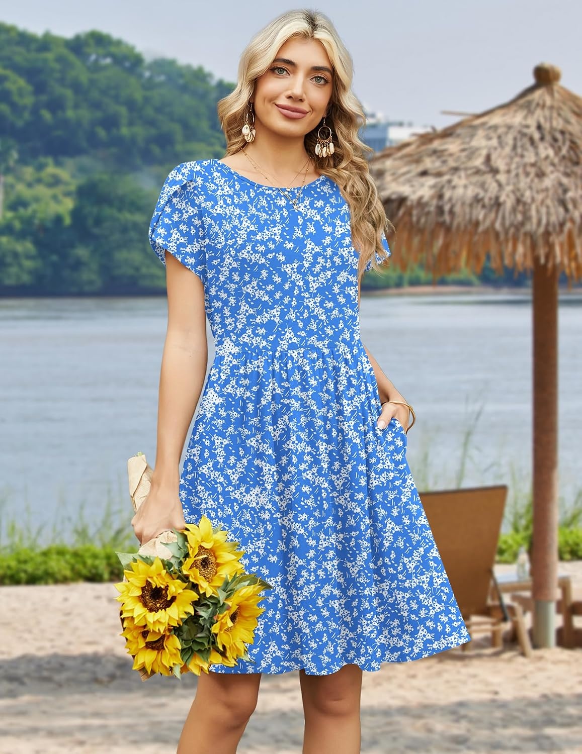 image:imageZeagoo Women Summer Dress 2026 Short Sleeve Aline Mini Dresses with Pockets Casual Swing Tshirt Dress Vocation Beach SundressBlue Floral