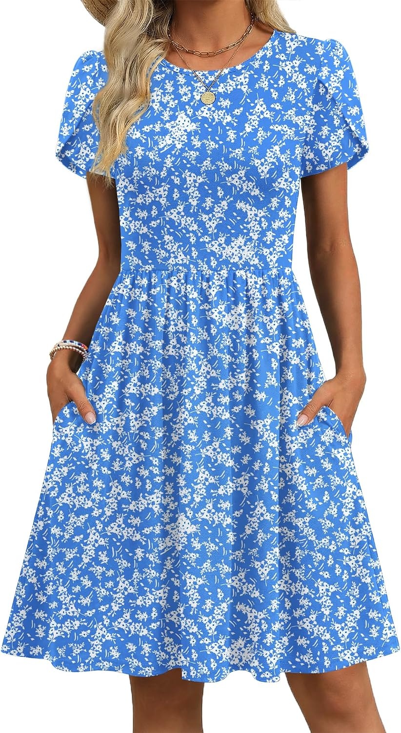 image:imageZeagoo Women Summer Dress 2026 Short Sleeve Aline Mini Dresses with Pockets Casual Swing Tshirt Dress Vocation Beach SundressBlue Floral