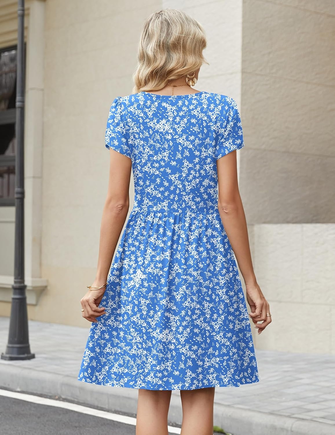 image:imageZeagoo Women Summer Dress 2026 Short Sleeve Aline Mini Dresses with Pockets Casual Swing Tshirt Dress Vocation Beach SundressBlue Floral