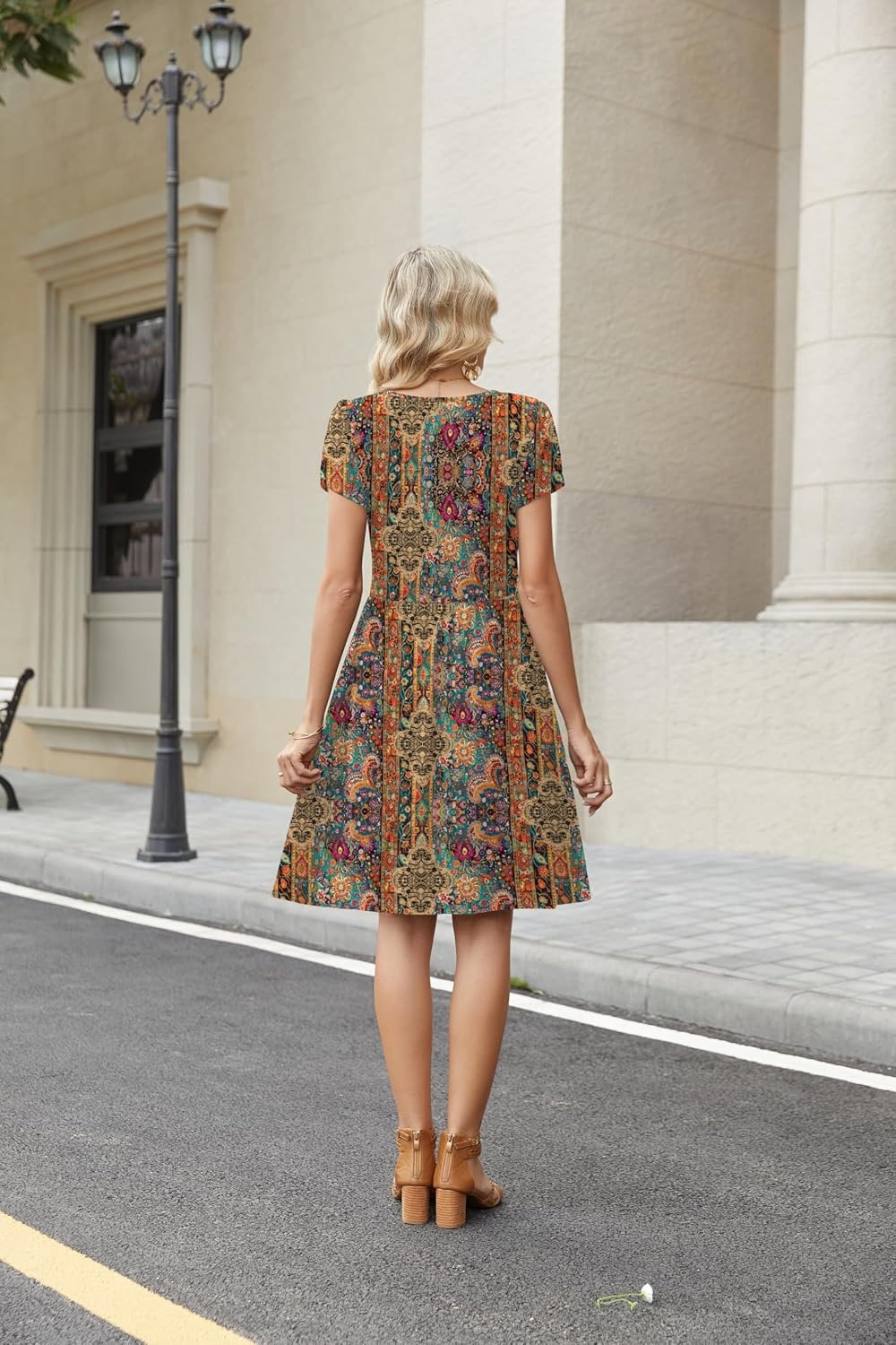 image:imageZeagoo Women Summer Dress 2026 Short Sleeve Aline Mini Dresses with Pockets Casual Swing Tshirt Dress Vocation Beach SundressEthinc Boho Print