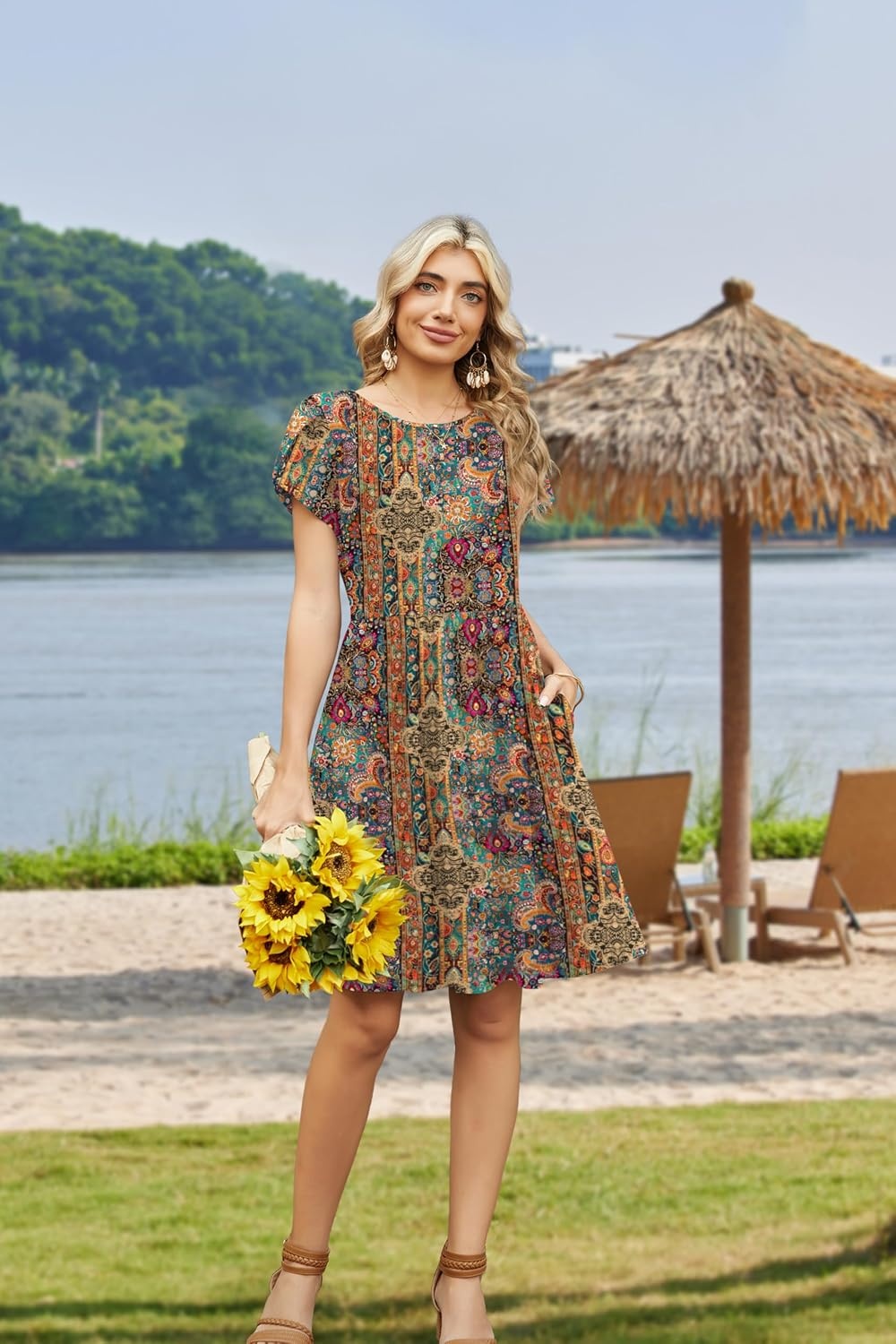 image:imageZeagoo Women Summer Dress 2026 Short Sleeve Aline Mini Dresses with Pockets Casual Swing Tshirt Dress Vocation Beach SundressEthinc Boho Print