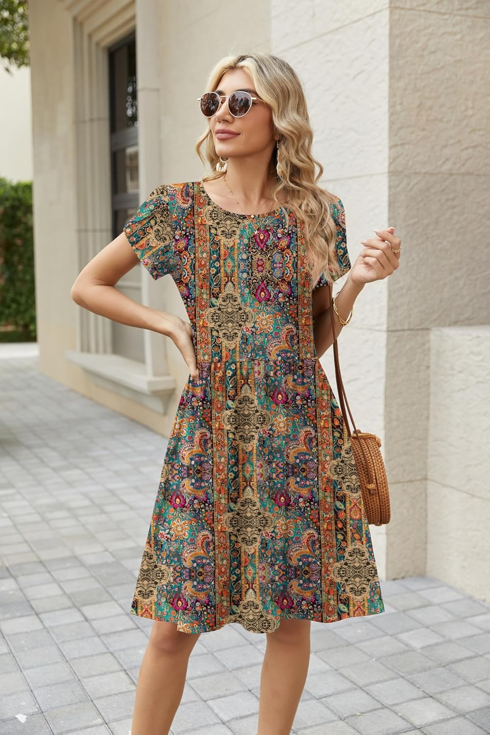 image:imageZeagoo Women Summer Dress 2026 Short Sleeve Aline Mini Dresses with Pockets Casual Swing Tshirt Dress Vocation Beach SundressEthinc Boho Print