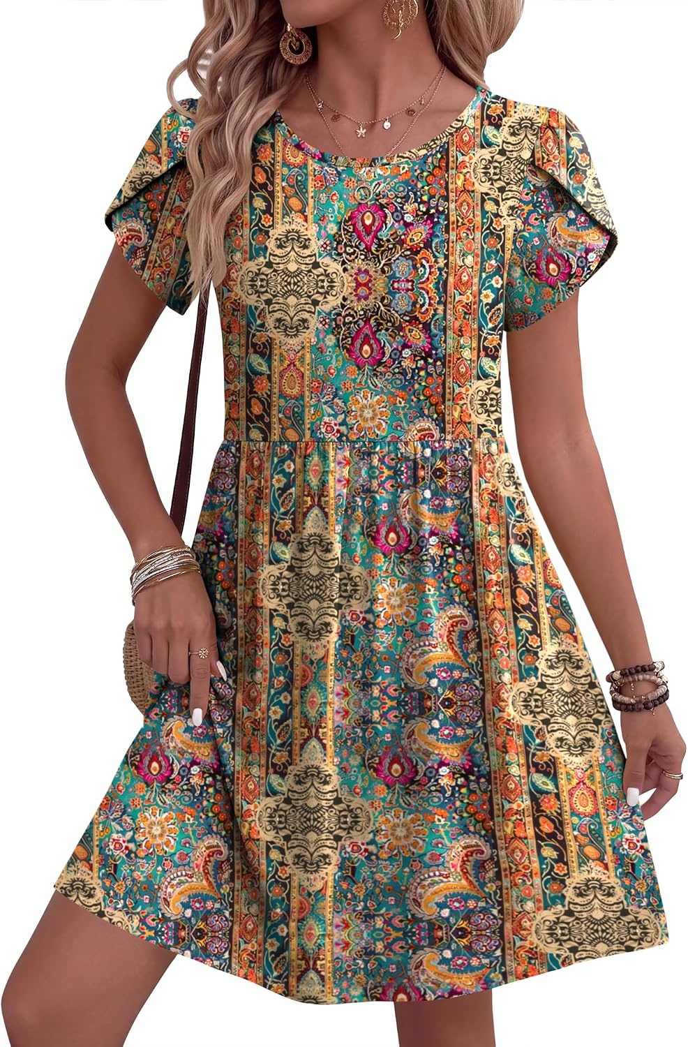 image:imageZeagoo Women Summer Dress 2026 Short Sleeve Aline Mini Dresses with Pockets Casual Swing Tshirt Dress Vocation Beach SundressEthinc Boho Print