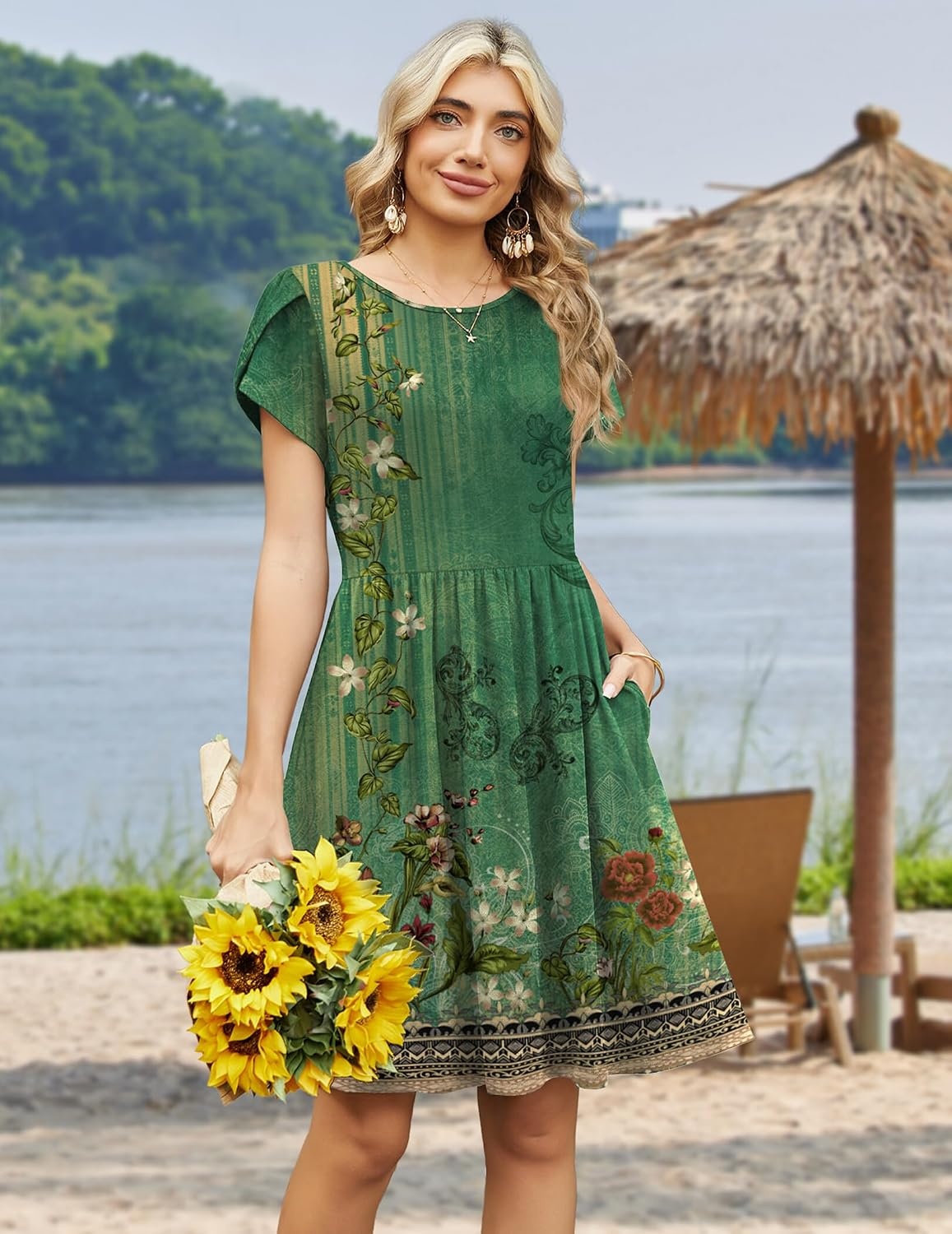 image:imageZeagoo Women Summer Dress 2026 Short Sleeve Aline Mini Dresses with Pockets Casual Swing Tshirt Dress Vocation Beach SundressGreen Ethnic