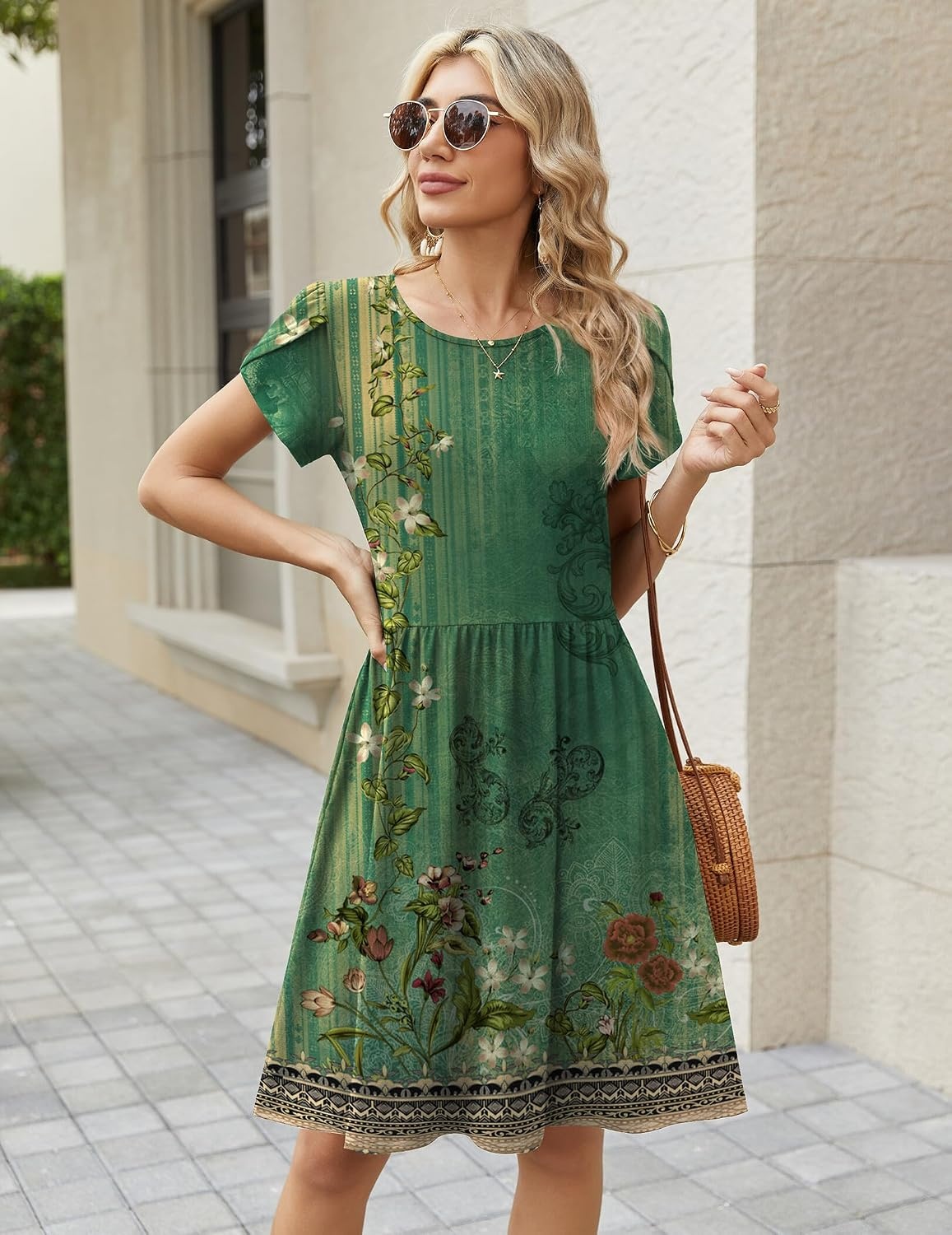 image:imageZeagoo Women Summer Dress 2026 Short Sleeve Aline Mini Dresses with Pockets Casual Swing Tshirt Dress Vocation Beach SundressGreen Ethnic