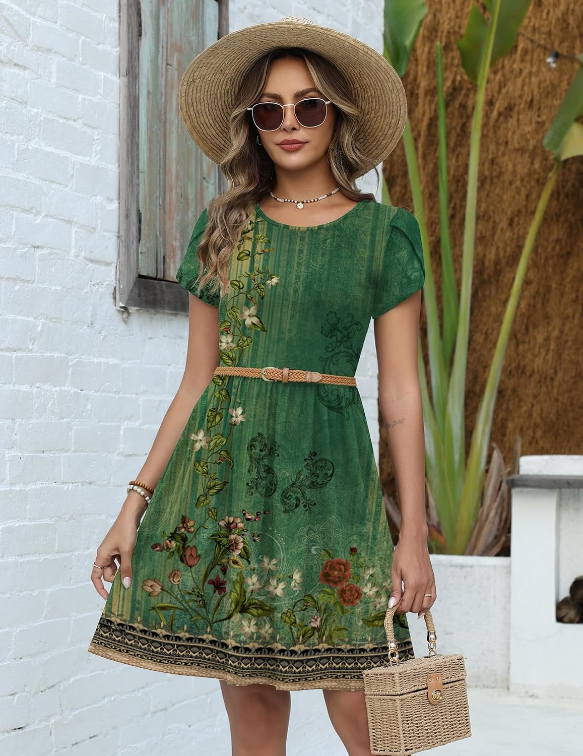 image:imageZeagoo Women Summer Dress 2026 Short Sleeve Aline Mini Dresses with Pockets Casual Swing Tshirt Dress Vocation Beach SundressGreen Ethnic