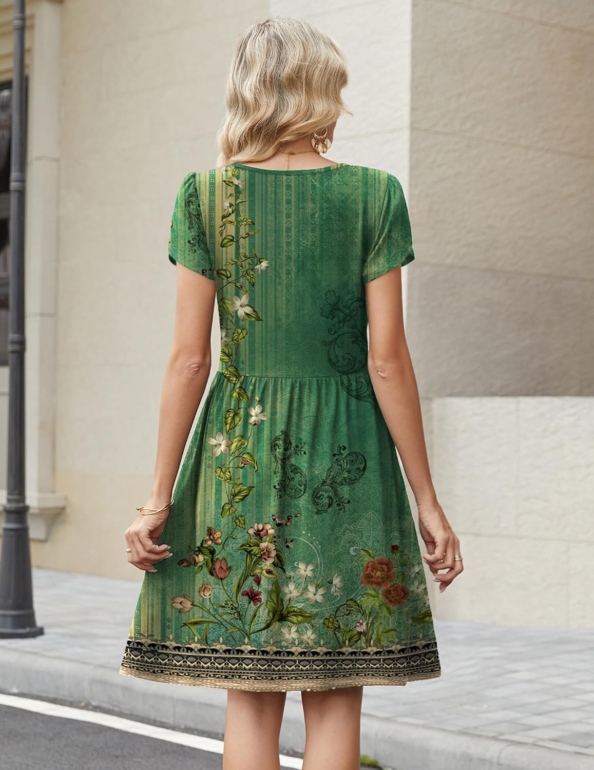 image:imageZeagoo Women Summer Dress 2026 Short Sleeve Aline Mini Dresses with Pockets Casual Swing Tshirt Dress Vocation Beach SundressGreen Ethnic