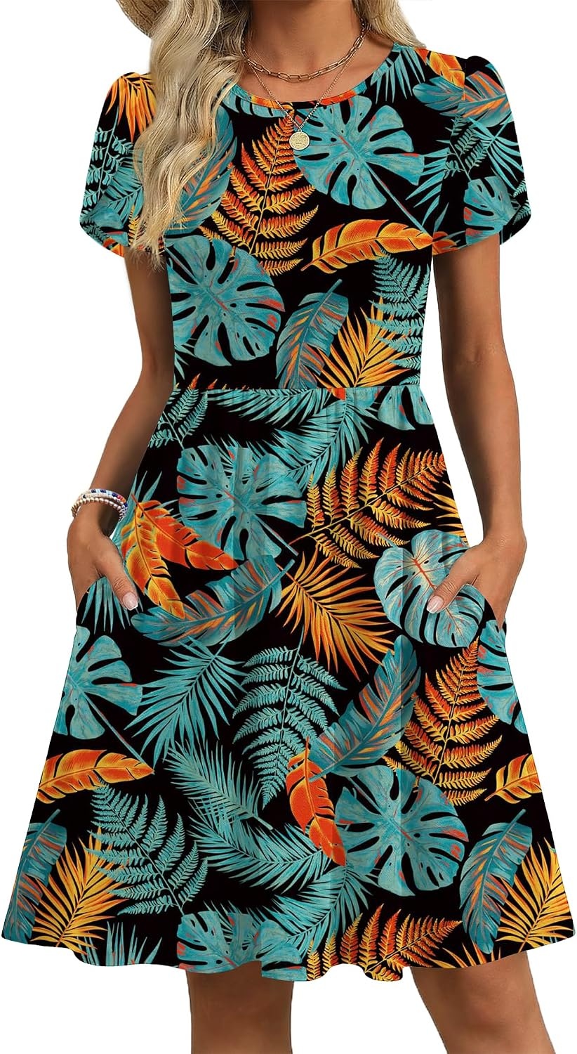 image:imageZeagoo Women Summer Dress 2026 Short Sleeve Aline Mini Dresses with Pockets Casual Swing Tshirt Dress Vocation Beach SundressLeaf Print