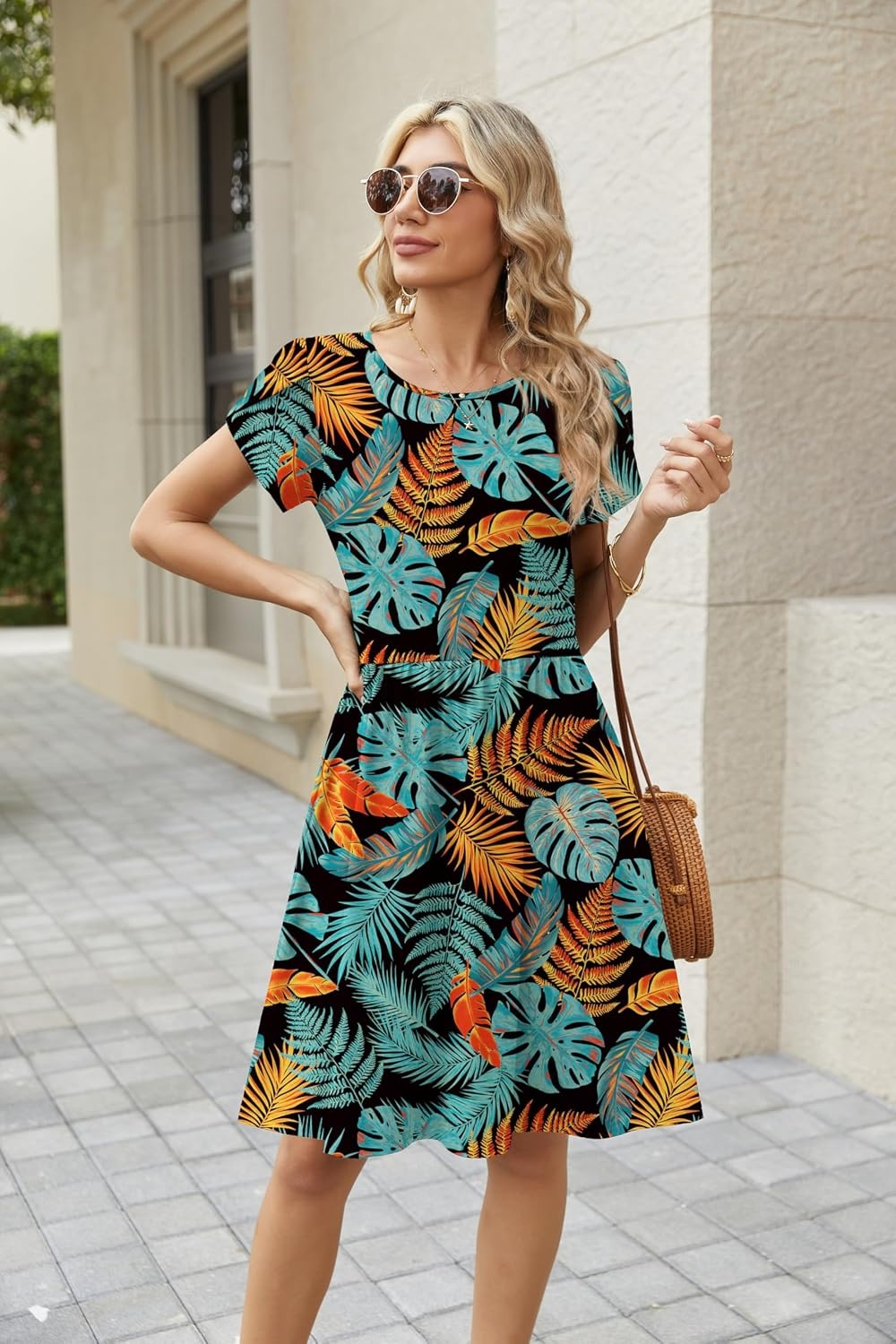 image:imageZeagoo Women Summer Dress 2026 Short Sleeve Aline Mini Dresses with Pockets Casual Swing Tshirt Dress Vocation Beach SundressLeaf Print