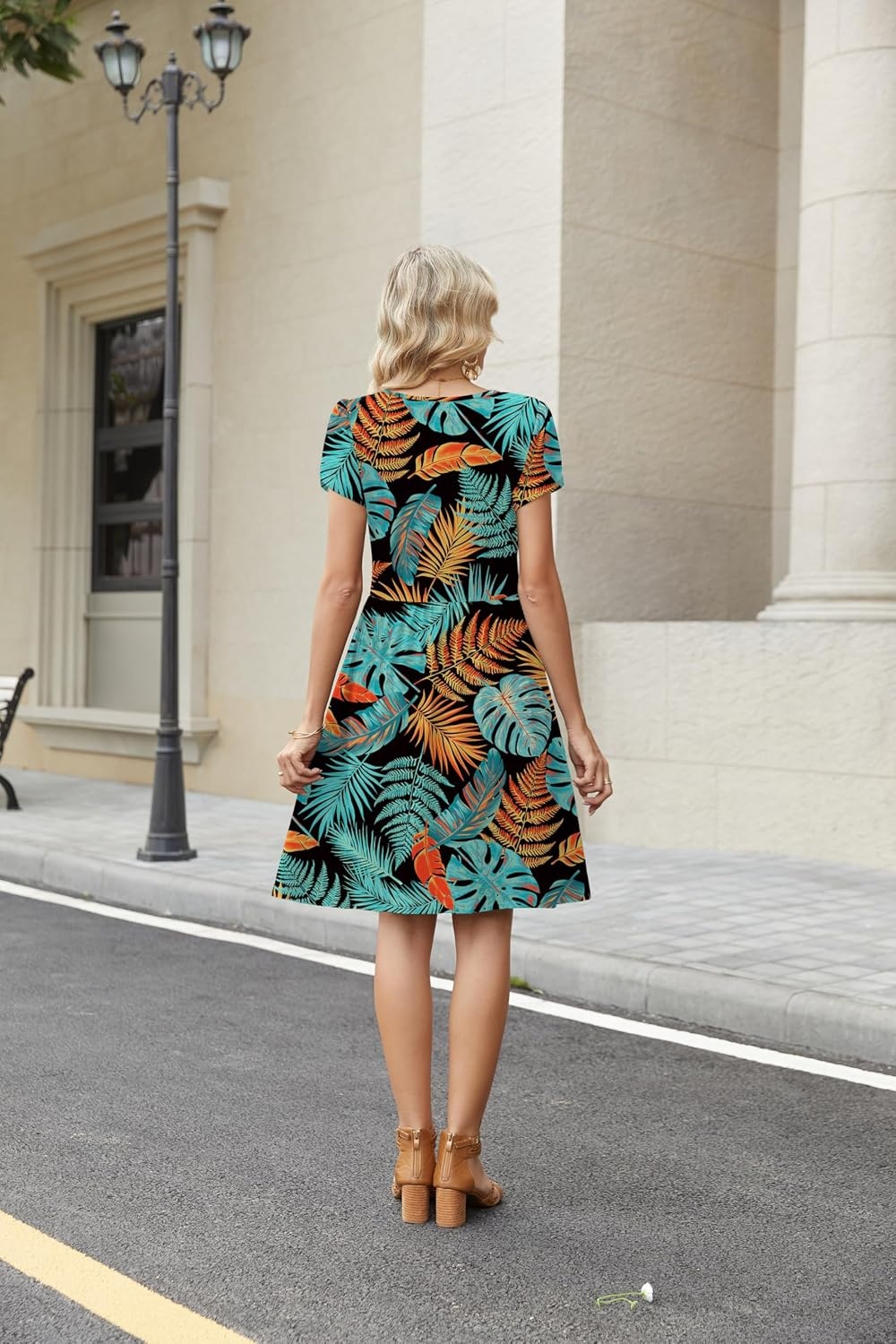 image:imageZeagoo Women Summer Dress 2026 Short Sleeve Aline Mini Dresses with Pockets Casual Swing Tshirt Dress Vocation Beach SundressLeaf Print
