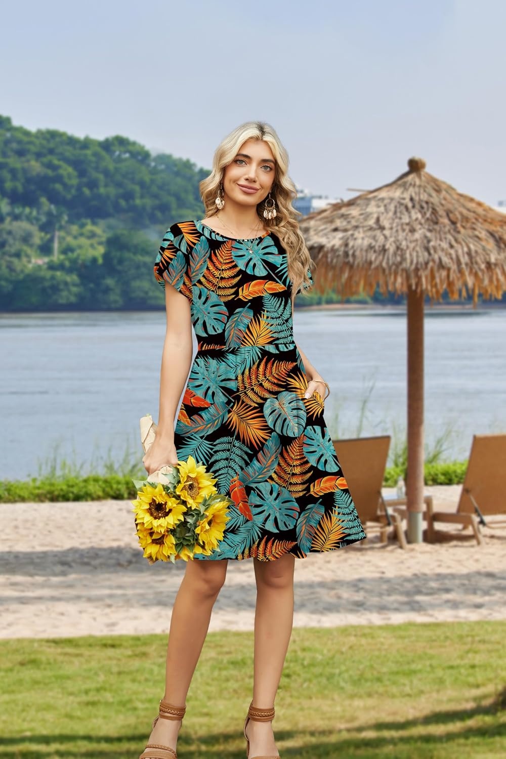 image:imageZeagoo Women Summer Dress 2026 Short Sleeve Aline Mini Dresses with Pockets Casual Swing Tshirt Dress Vocation Beach SundressLeaf Print