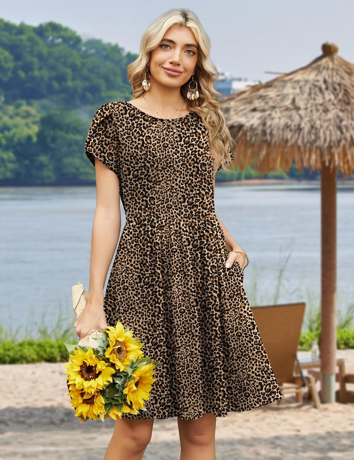 image:imageZeagoo Women Summer Dress 2026 Short Sleeve Aline Mini Dresses with Pockets Casual Swing Tshirt Dress Vocation Beach SundressLeopard Print