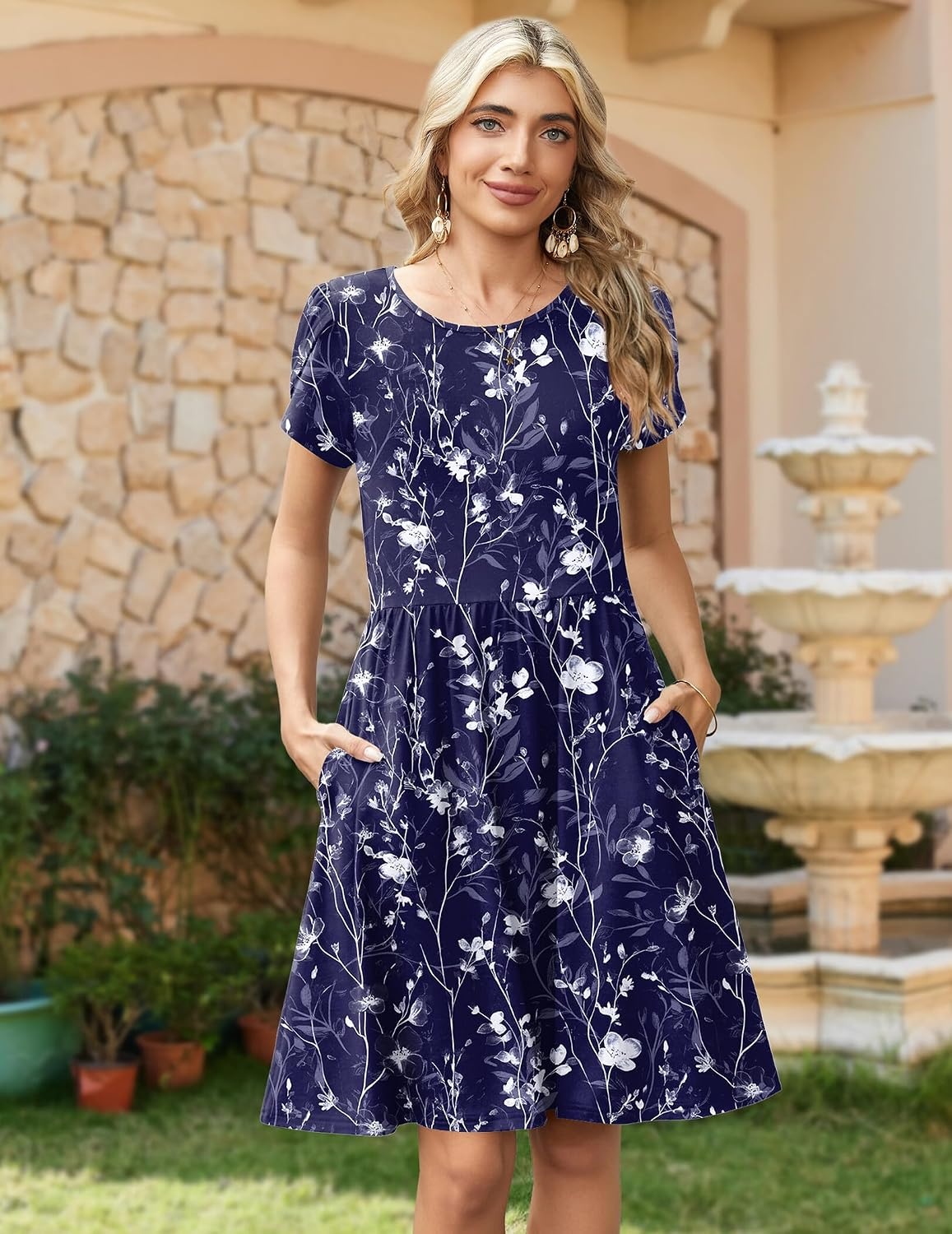 image:imageZeagoo Women Summer Dress 2026 Short Sleeve Aline Mini Dresses with Pockets Casual Swing Tshirt Dress Vocation Beach SundressNavy White Floral
