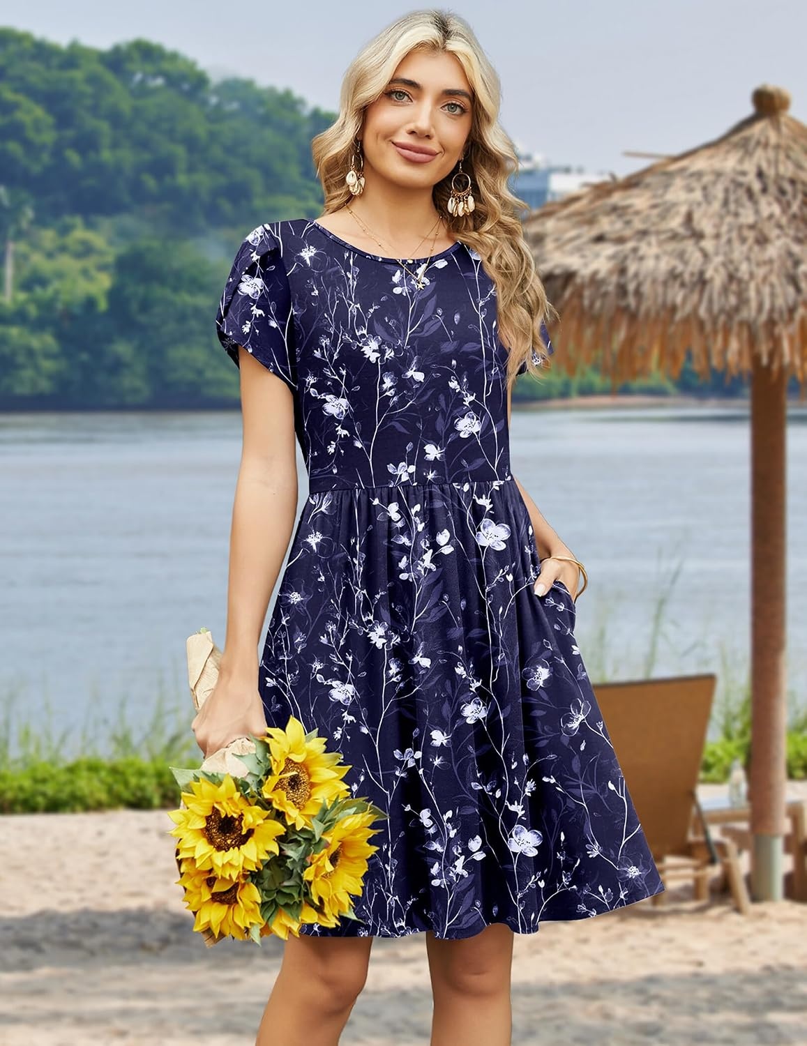 image:imageZeagoo Women Summer Dress 2026 Short Sleeve Aline Mini Dresses with Pockets Casual Swing Tshirt Dress Vocation Beach SundressNavy White Floral