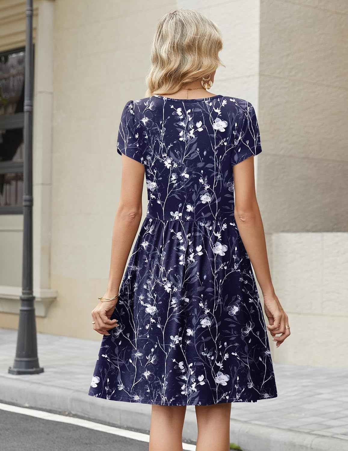 image:imageZeagoo Women Summer Dress 2026 Short Sleeve Aline Mini Dresses with Pockets Casual Swing Tshirt Dress Vocation Beach SundressNavy White Floral