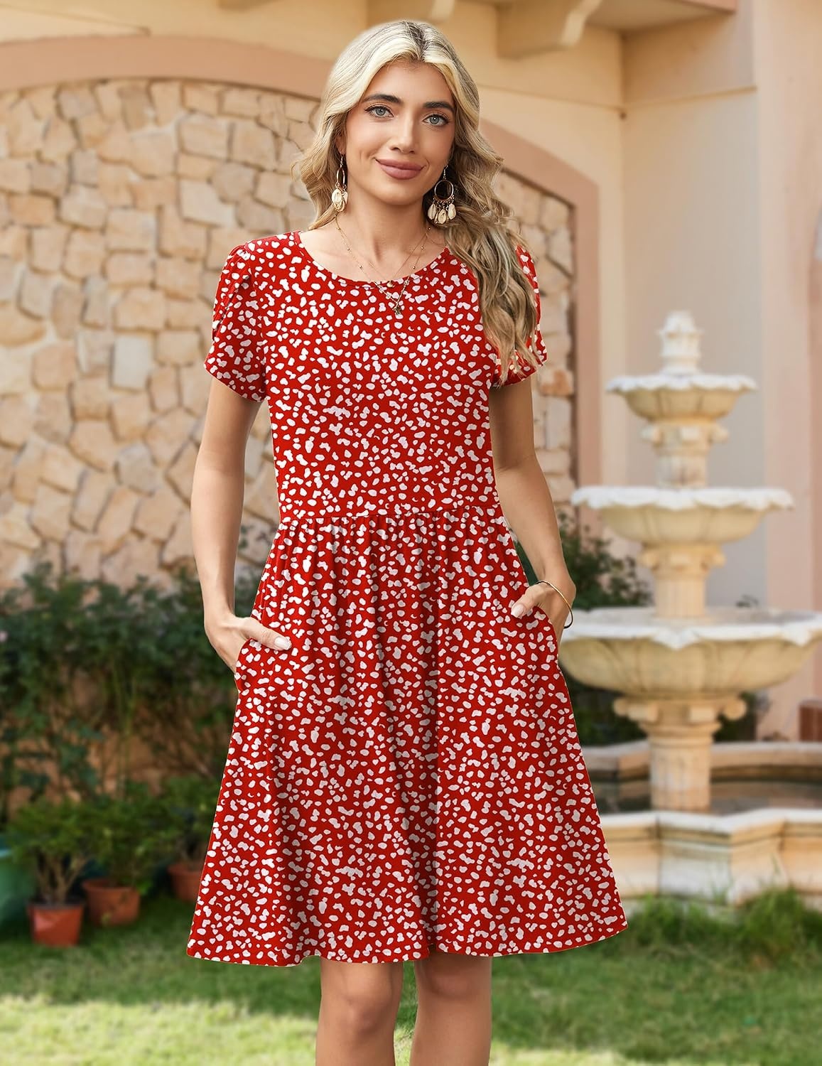 image:imageZeagoo Women Summer Dress 2026 Short Sleeve Aline Mini Dresses with Pockets Casual Swing Tshirt Dress Vocation Beach SundressRed Floral