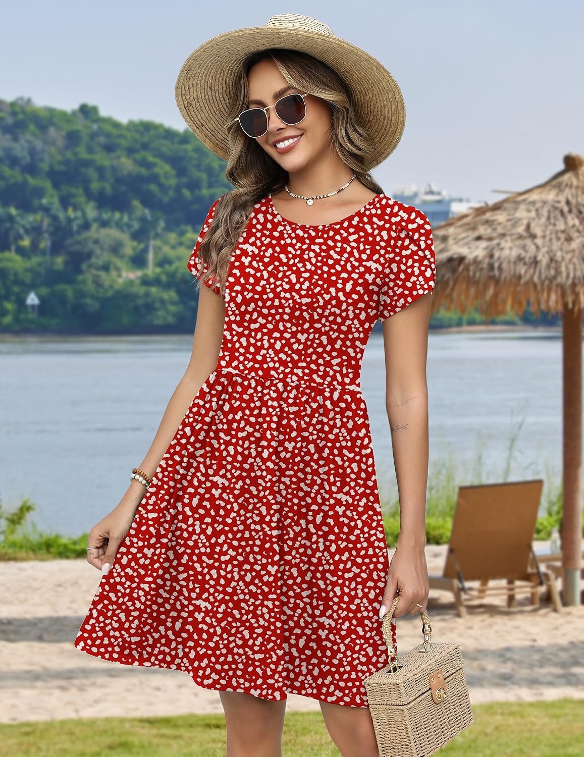 image:imageZeagoo Women Summer Dress 2026 Short Sleeve Aline Mini Dresses with Pockets Casual Swing Tshirt Dress Vocation Beach SundressRed Floral