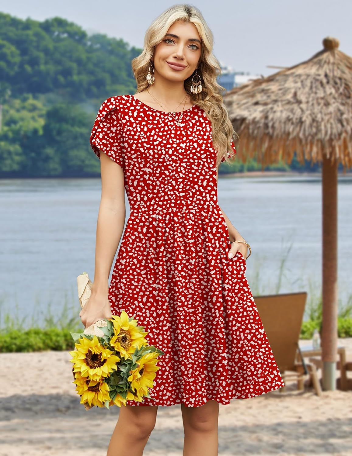 image:imageZeagoo Women Summer Dress 2026 Short Sleeve Aline Mini Dresses with Pockets Casual Swing Tshirt Dress Vocation Beach SundressRed Floral