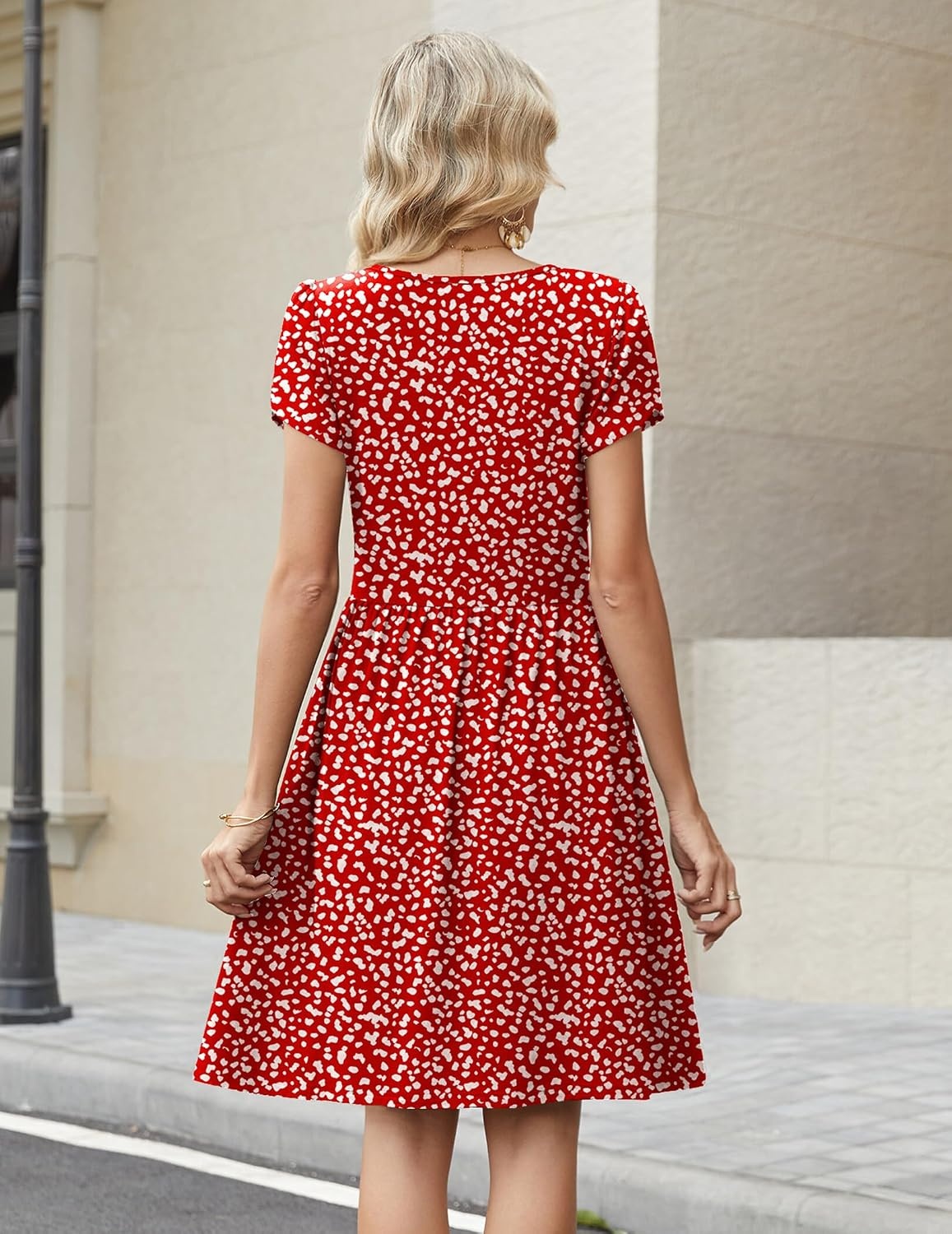 image:imageZeagoo Women Summer Dress 2026 Short Sleeve Aline Mini Dresses with Pockets Casual Swing Tshirt Dress Vocation Beach SundressRed Floral