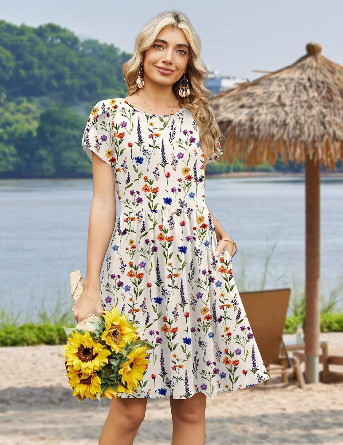 image:imageZeagoo Women Summer Dress 2026 Short Sleeve Aline Mini Dresses with Pockets Casual Swing Tshirt Dress Vocation Beach SundressWhite Print