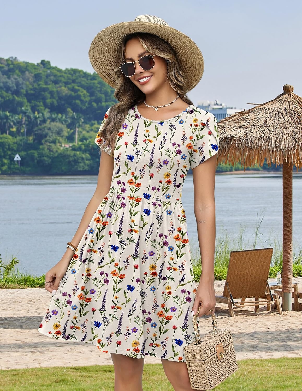 image:imageZeagoo Women Summer Dress 2026 Short Sleeve Aline Mini Dresses with Pockets Casual Swing Tshirt Dress Vocation Beach SundressWhite Print