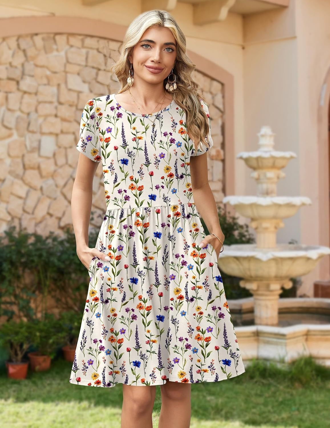 image:imageZeagoo Women Summer Dress 2026 Short Sleeve Aline Mini Dresses with Pockets Casual Swing Tshirt Dress Vocation Beach SundressWhite Print