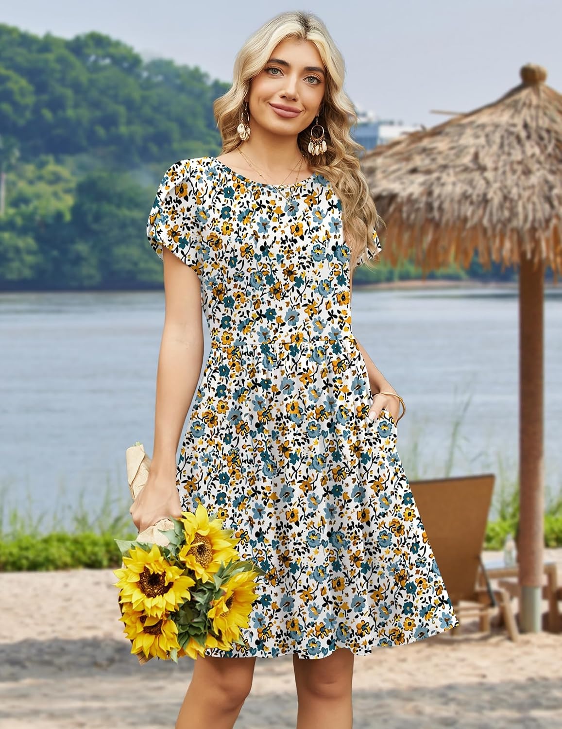 image:imageZeagoo Women Summer Dress 2026 Short Sleeve Aline Mini Dresses with Pockets Casual Swing Tshirt Dress Vocation Beach SundressXh366