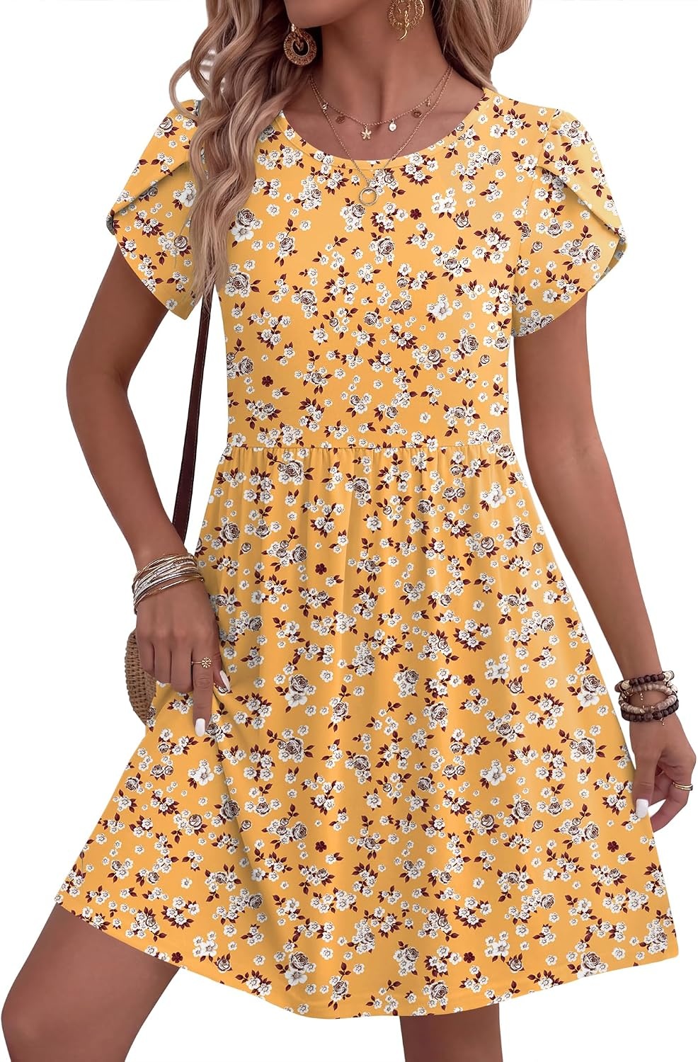 image:imageZeagoo Women Summer Dress 2026 Short Sleeve Aline Mini Dresses with Pockets Casual Swing Tshirt Dress Vocation Beach SundressYellow Floral