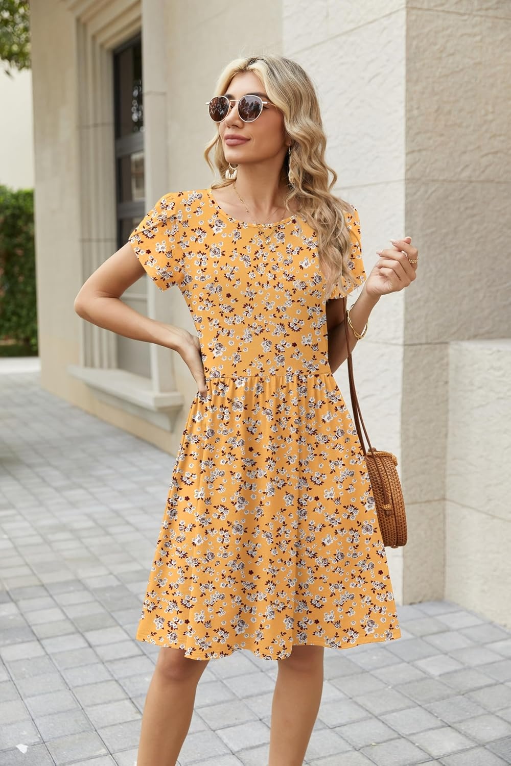 image:imageZeagoo Women Summer Dress 2026 Short Sleeve Aline Mini Dresses with Pockets Casual Swing Tshirt Dress Vocation Beach SundressYellow Floral