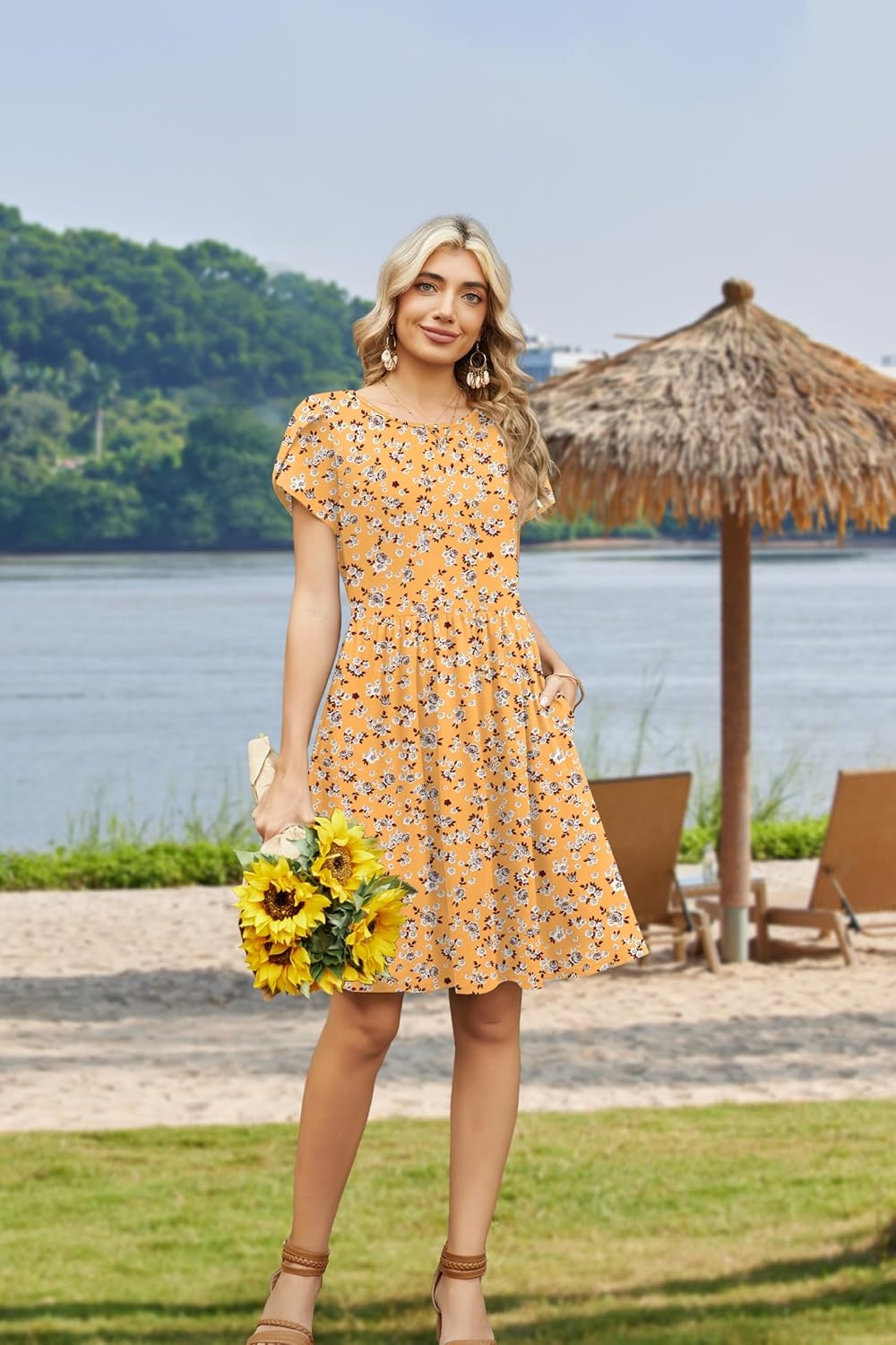 image:imageZeagoo Women Summer Dress 2026 Short Sleeve Aline Mini Dresses with Pockets Casual Swing Tshirt Dress Vocation Beach SundressYellow Floral