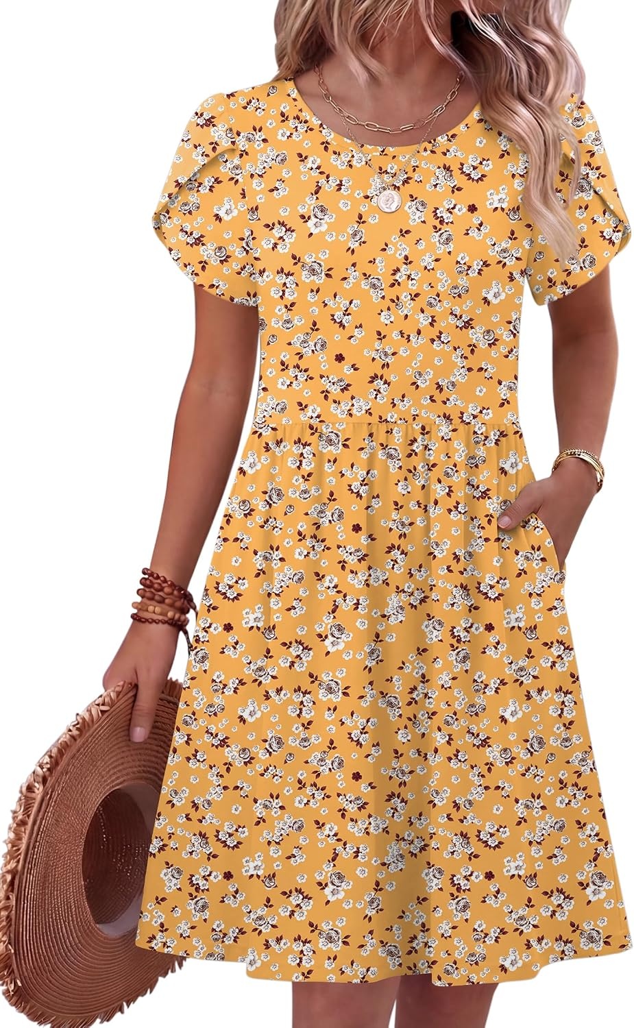 image:imageZeagoo Women Summer Dress 2026 Short Sleeve Aline Mini Dresses with Pockets Casual Swing Tshirt Dress Vocation Beach SundressYellow Floral